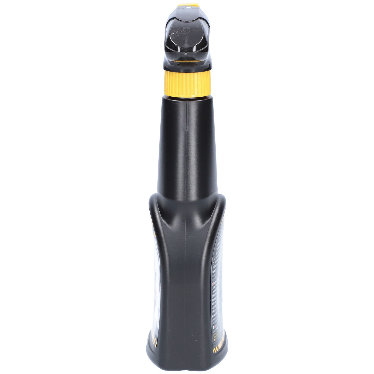 Flacon pulvérisateur noir avec tête jaune. Vue arrière. Tête et col jaunes. Étiquette avec informations sur le produit.