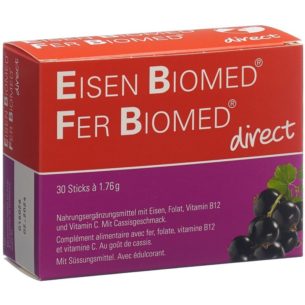 Rote und violette Schachtel mit "Eisen Biomed Fer Biomed direct". Enthält 30 Sticks. Abbildung von schwarzen Johannisbeeren.