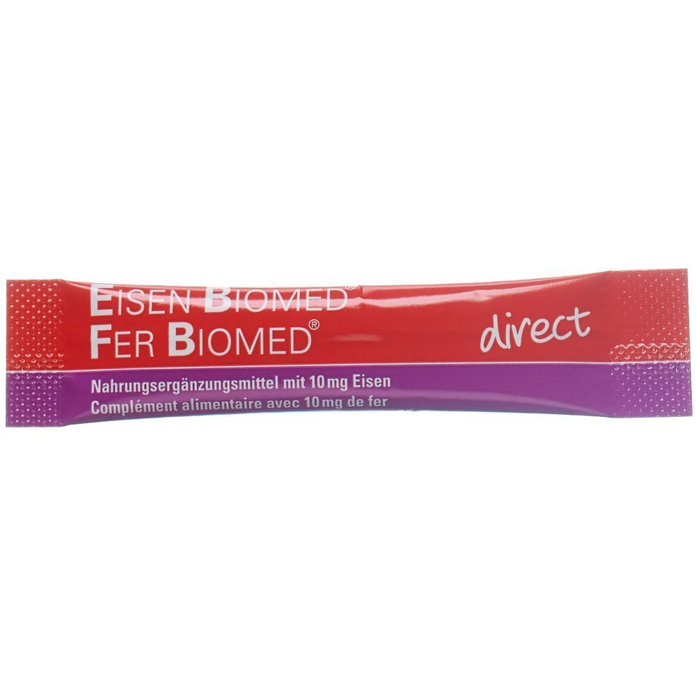 Einzelner Stick mit "Eisen Biomed Fer Biomed direct" Aufschrift. Rote und violette Farbgebung.