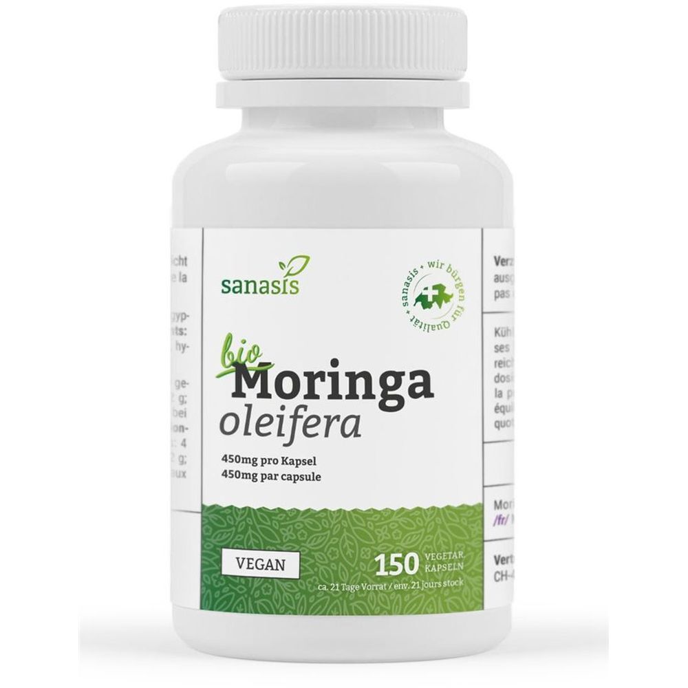 Weiße Flasche mit Sanasis Bio Moringa oleifera Kapseln. 150 vegane Kapseln. Aufschrift: 450mg pro Kapsel.