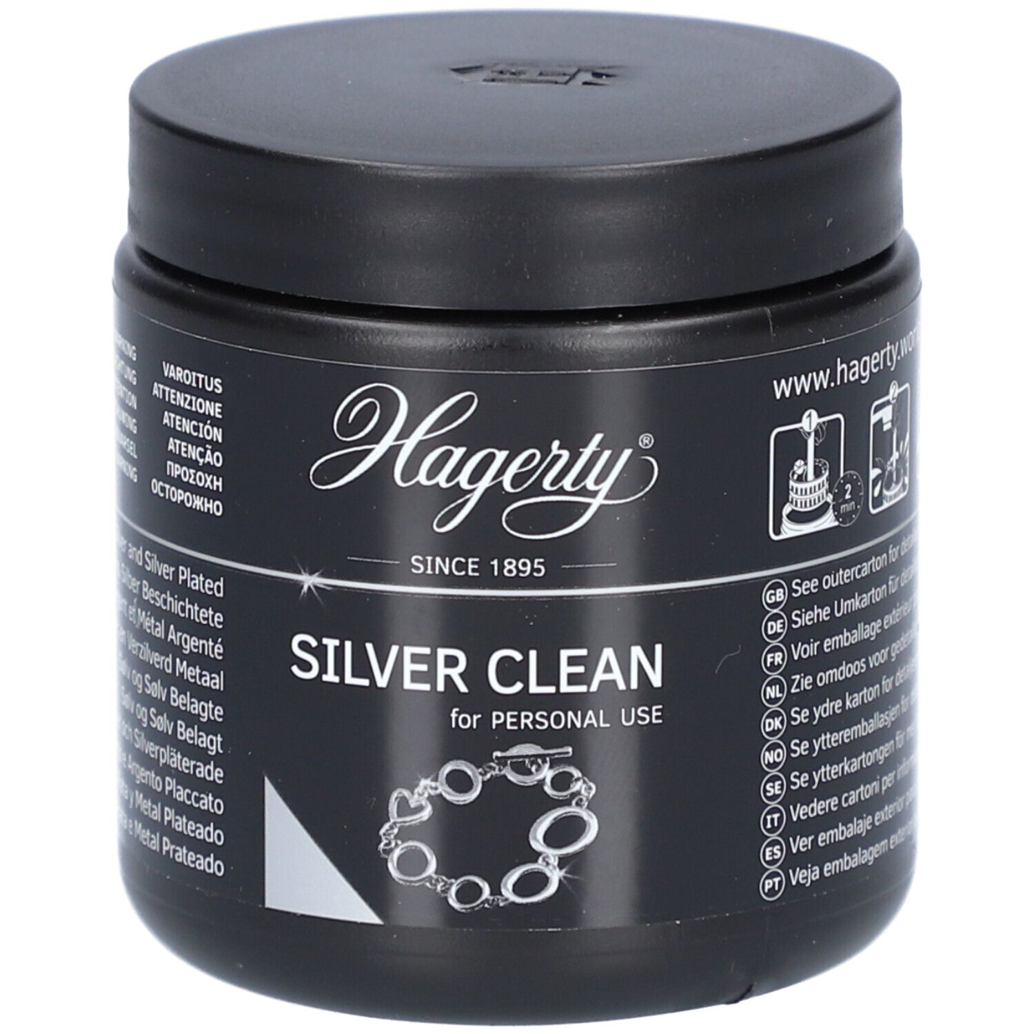 Hagerty Silver Clean in schwarzem Tiegel mit silbernem Deckel. Enthält eine Silberkette.