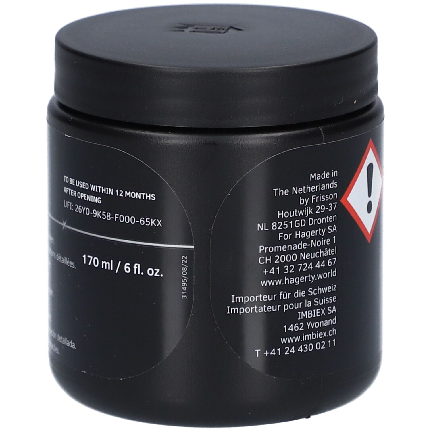 Schwarzer Behälter mit weißer Beschriftung, 170 ml / 6 fl. oz. Enthält Warnhinweis.