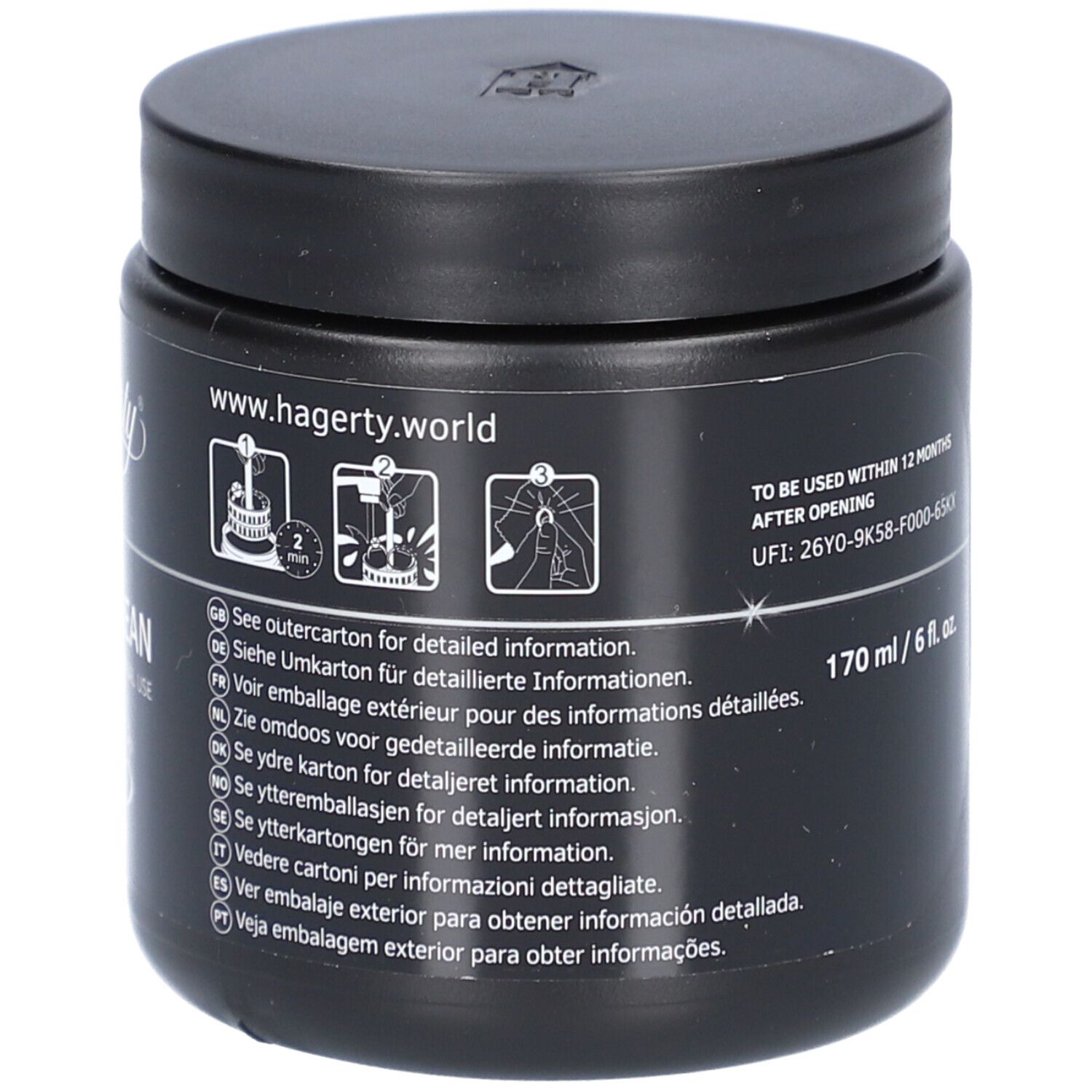 Schwarzer Behälter mit Website und Anwendungshinweisen. Enthält 170 ml.