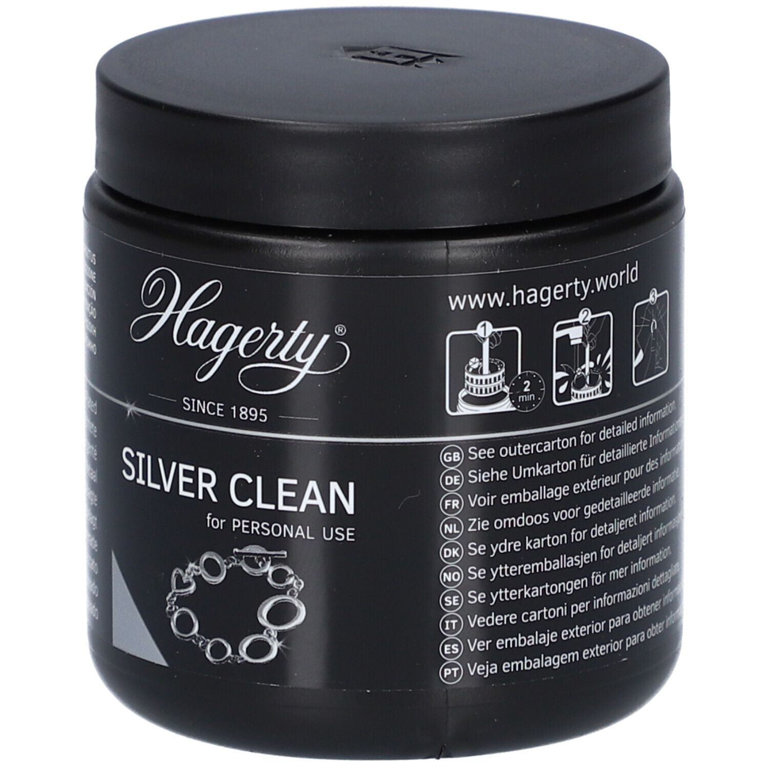 Schwarzer Behälter mit Hagerty Silver Clean Aufschrift und Abbildungen zur Schmuckreinigung.