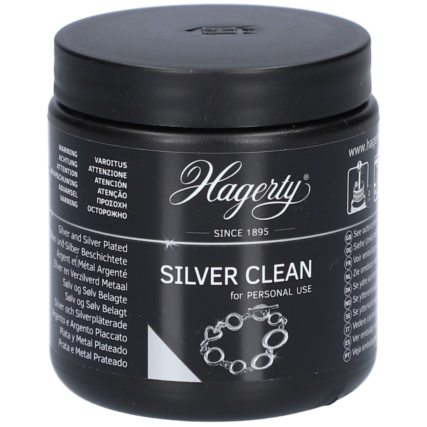 Schwarzer Behälter mit Hagerty Silver Clean Aufschrift und einem Bild eines Armbands.