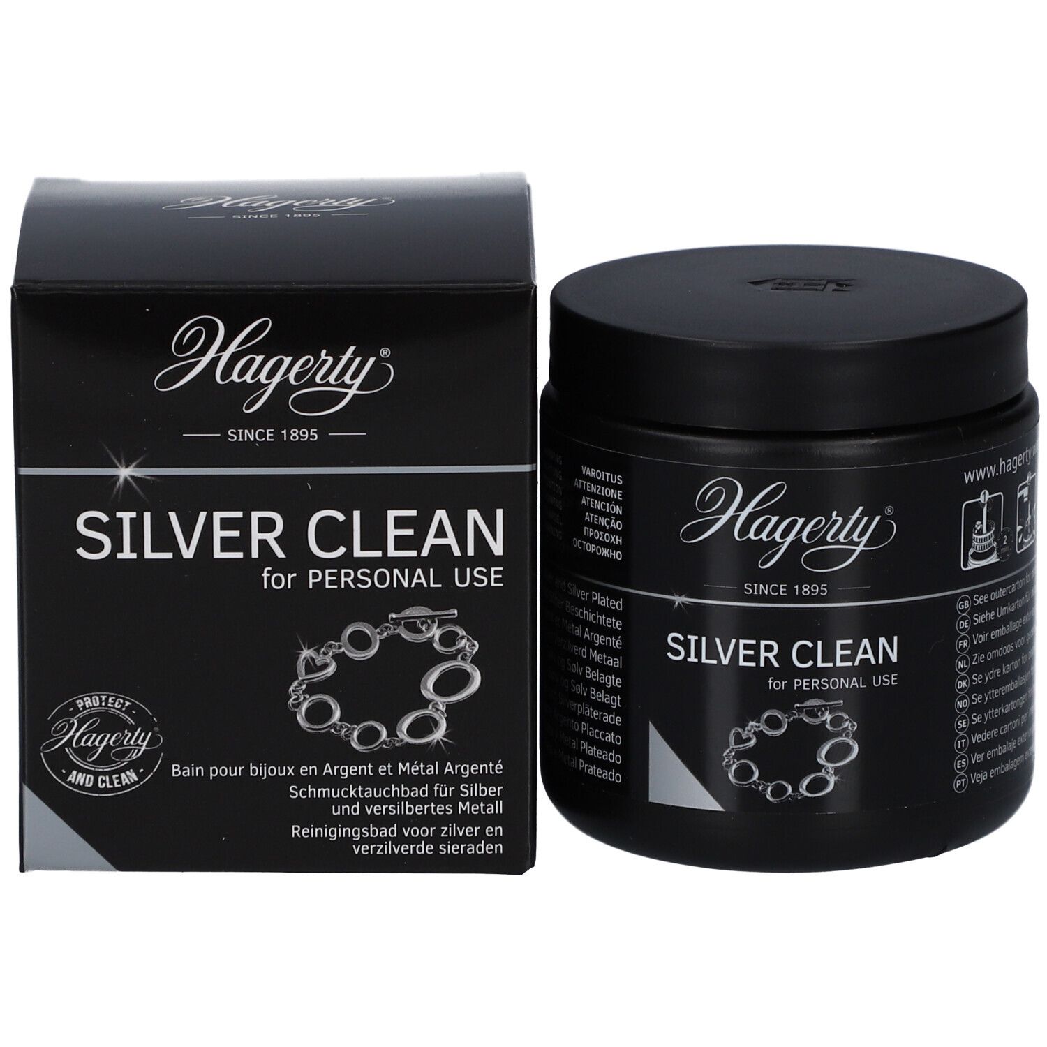 Hagerty Silver Clean Reinigungsbad für Silber und versilbertes Metall in schwarzer Dose.