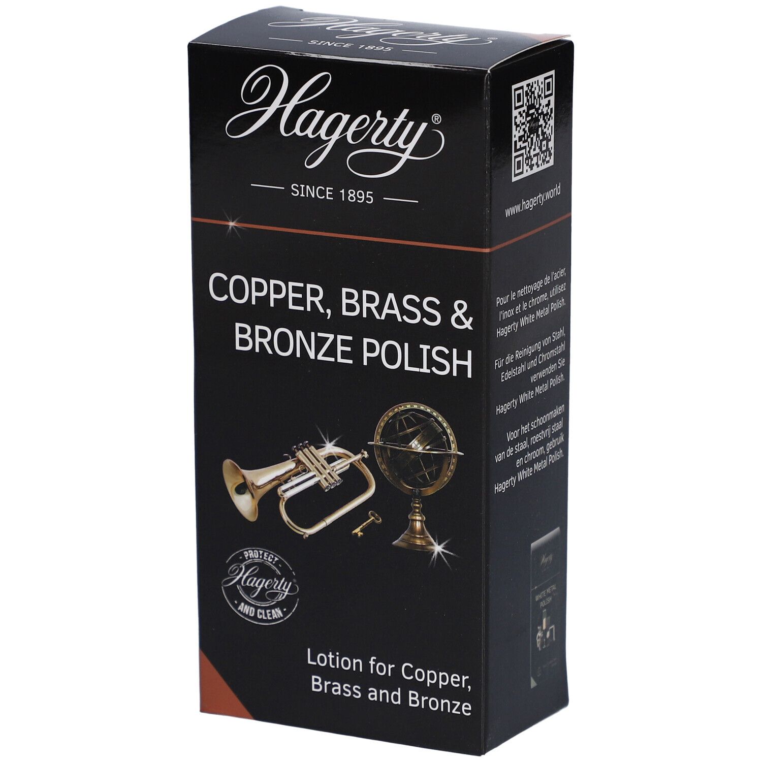 Hagerty Kupfer-, Messing- & Bronze-Politur-Lotion in schwarzer Verpackung mit Produktabbildungen.