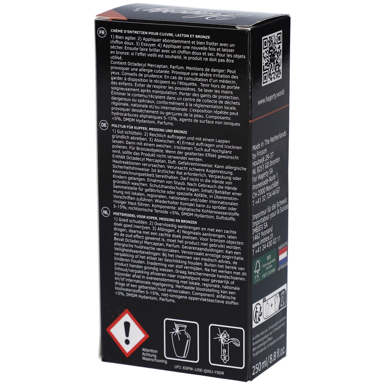 Schwarze Verpackung mit Text und Symbolen, 250ml.