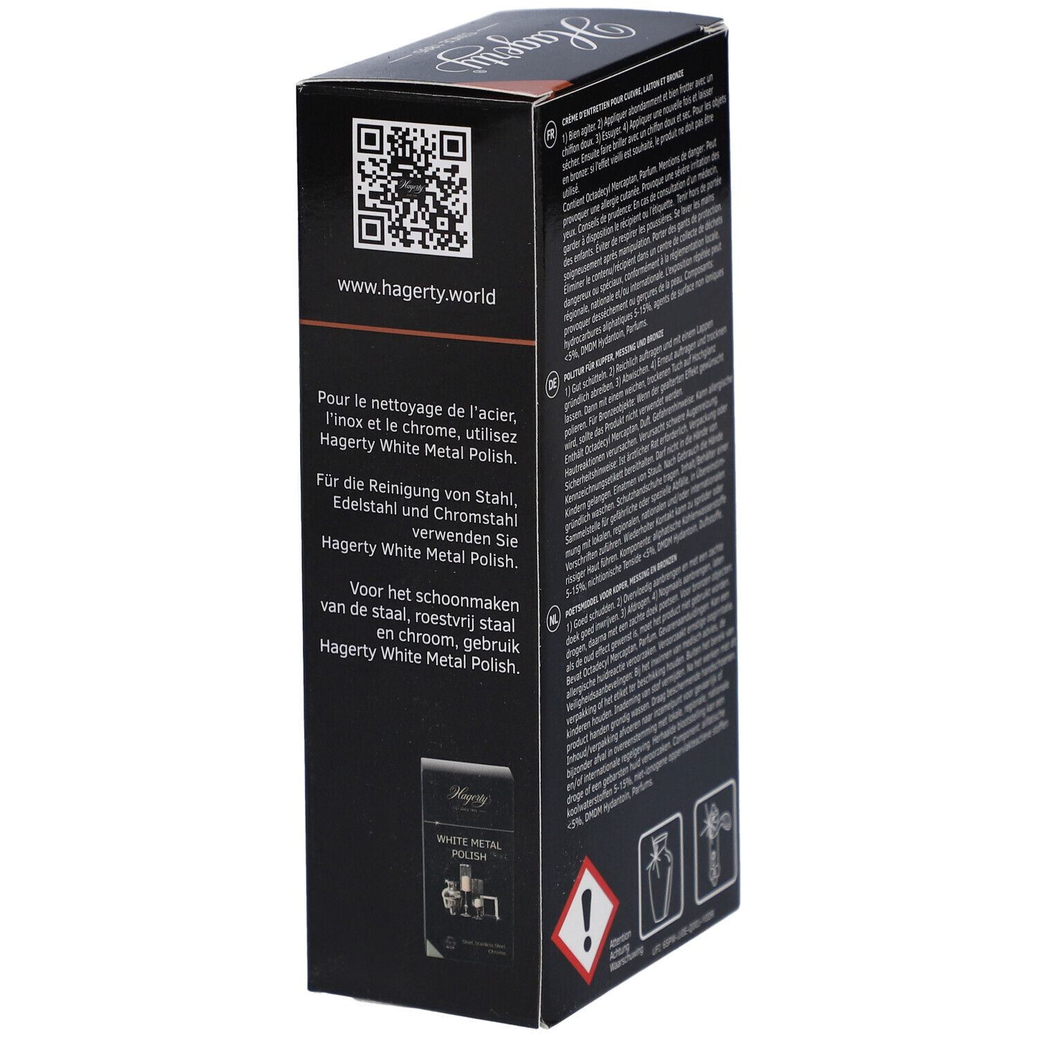 Schwarze Verpackung für Hagerty White Metal Polish mit QR-Code und Anwendungshinweisen in mehreren Sprachen.