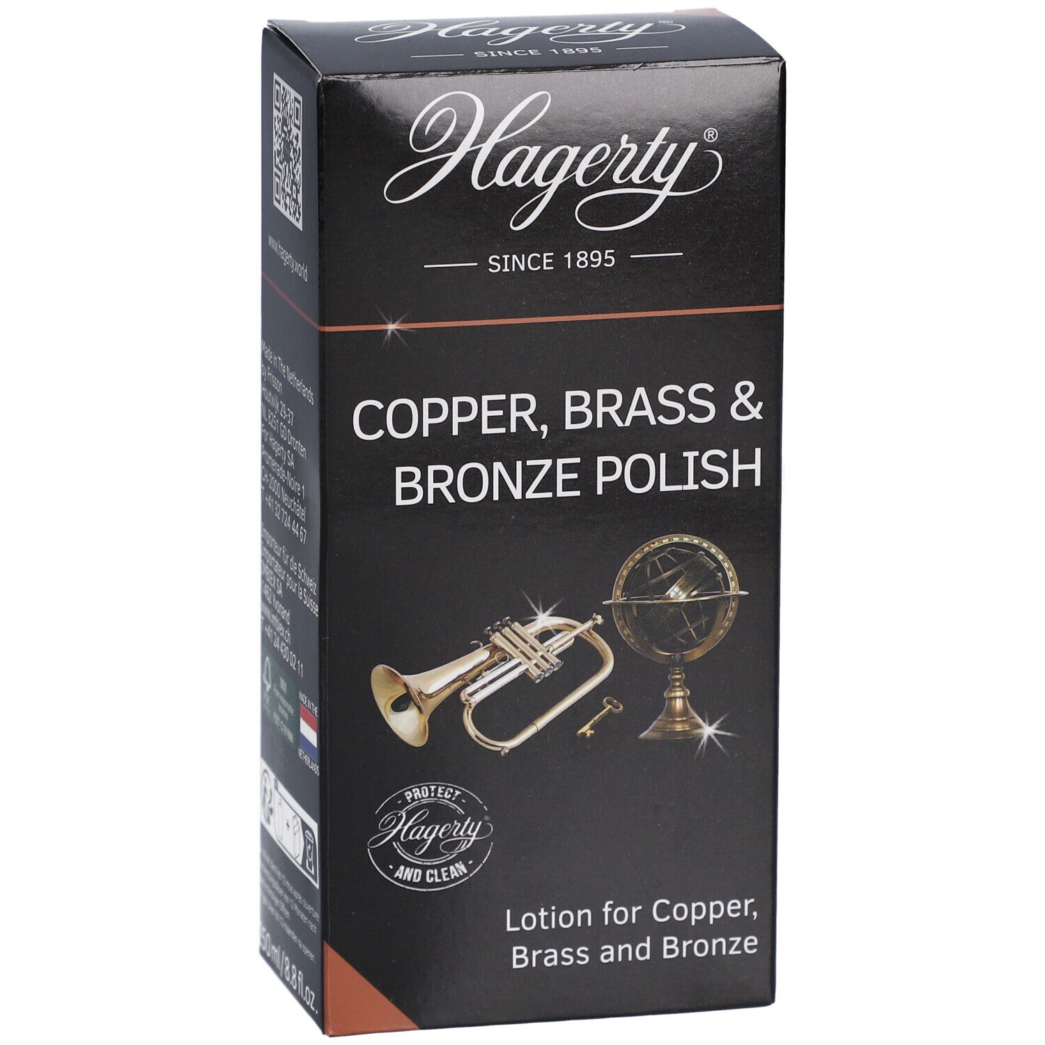 Hagerty Kupfer-, Messing- & Bronze-Politur-Lotion in schwarzer Verpackung mit Abbildungen eines Horns und Globus.
