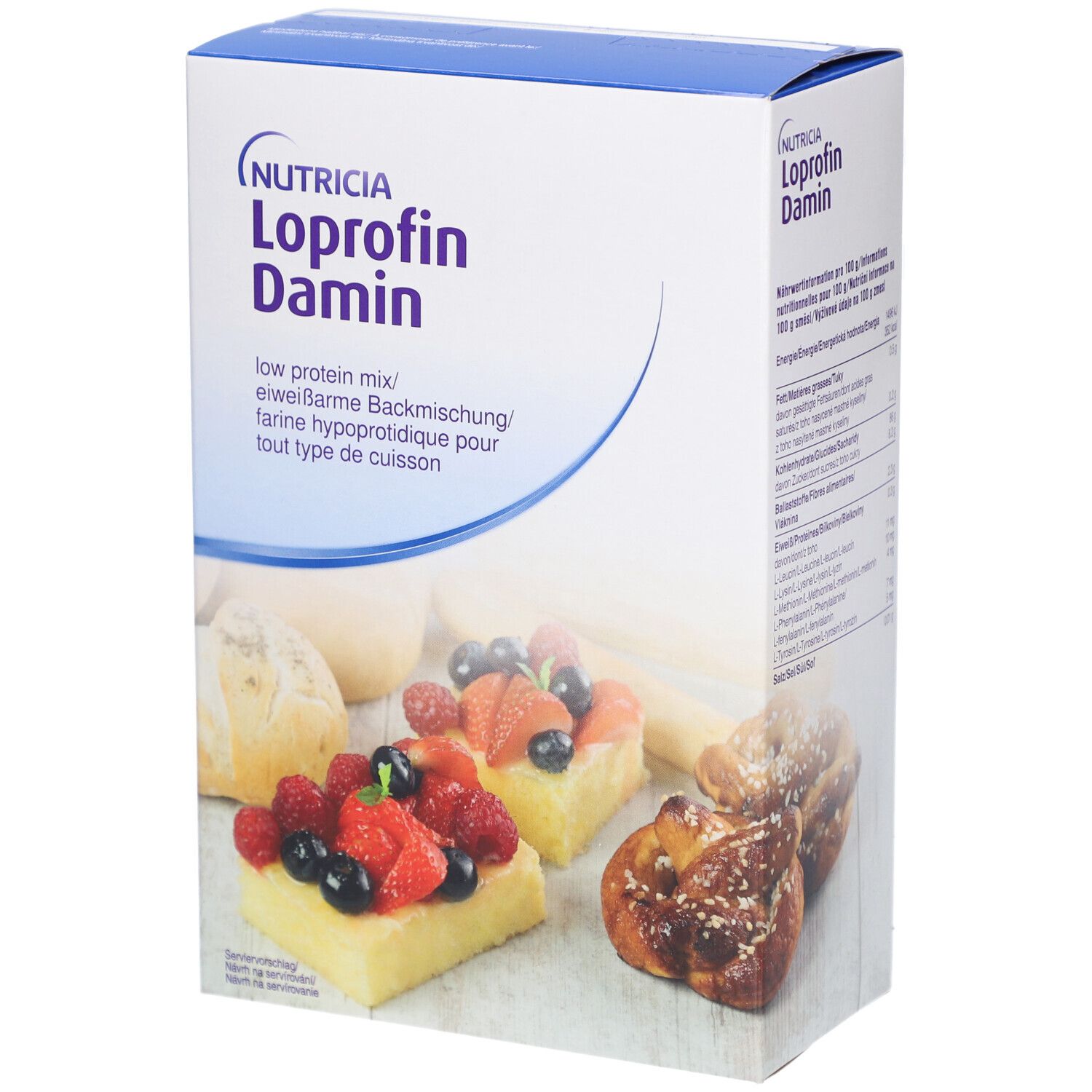 Weißer Karton mit NUTRICIA Loprofin Damin. Aufdruck: low protein mix/eiweißarme Backmischung. Abgebildet: Gebäck mit Früchten.