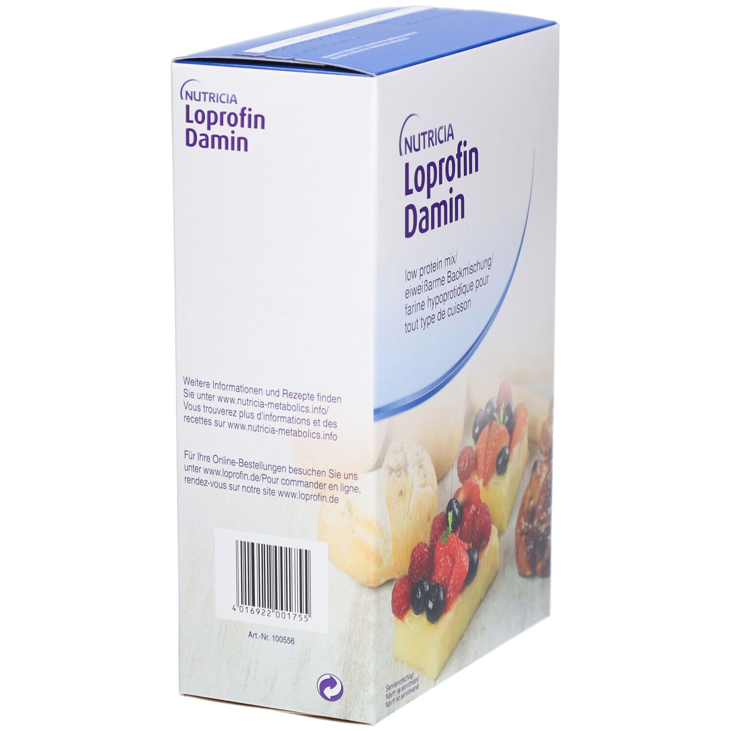 Karton NUTRICIA Loprofin Damin, Seitenansicht. Text: Weitere Informationen und Rezepte finden Sie unter nutricia-metabolics.com. Barcode.