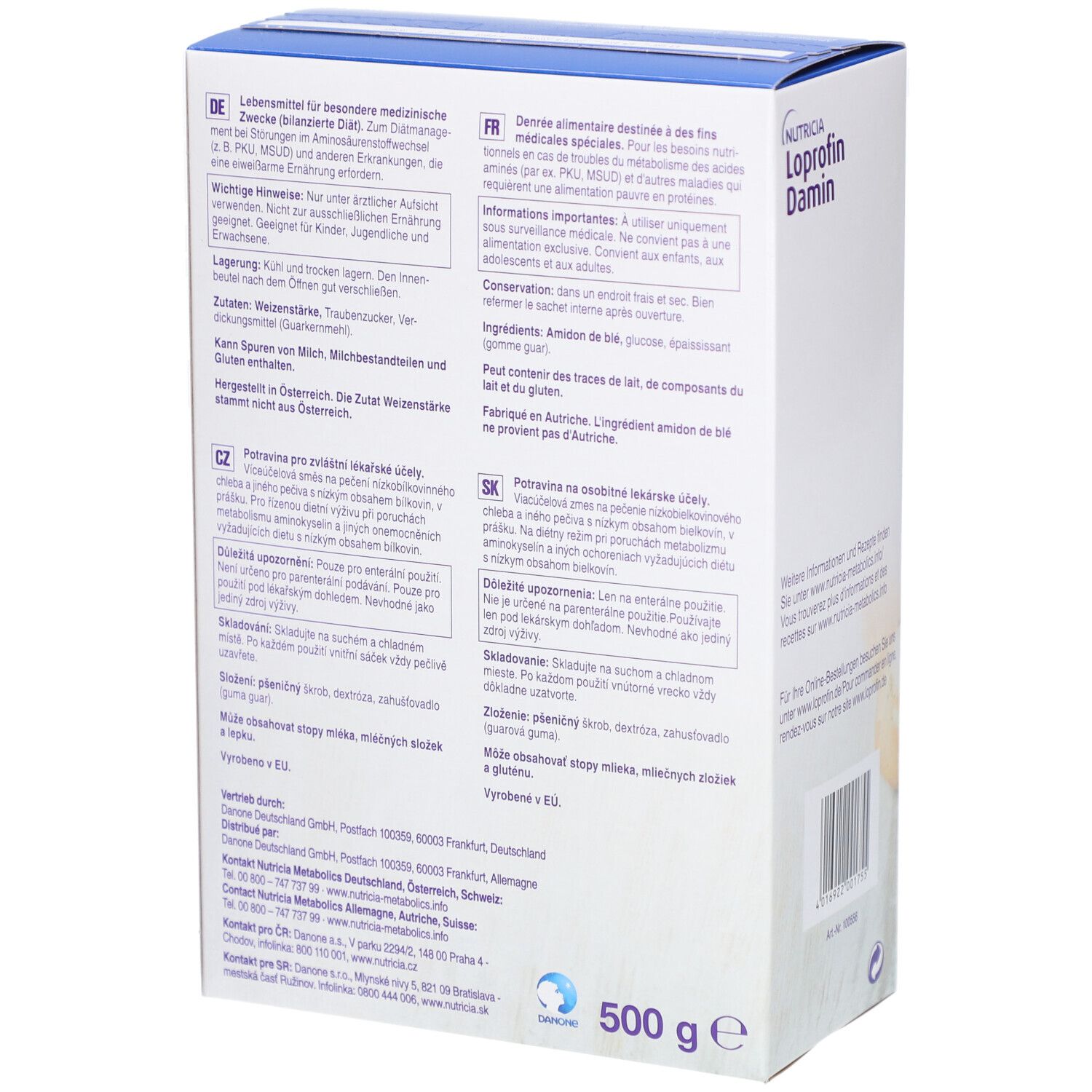 Rückseite der Verpackung NUTRICIA Loprofin Damin. Text in Deutsch, Französisch, Italienisch, Tschechisch. Gewicht: 500 g.