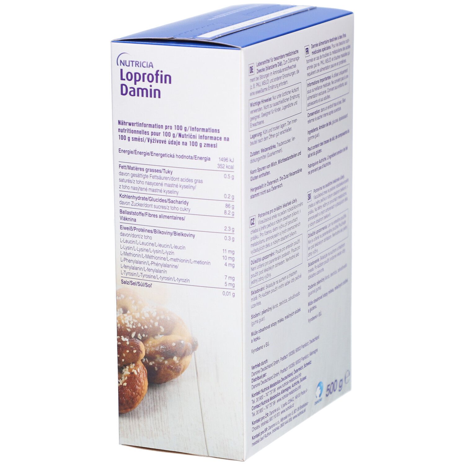 Rückseite der Verpackung NUTRICIA Loprofin Damin. Nährwertinformationen pro 100 g. Text in Deutsch, Französisch, Italienisch.