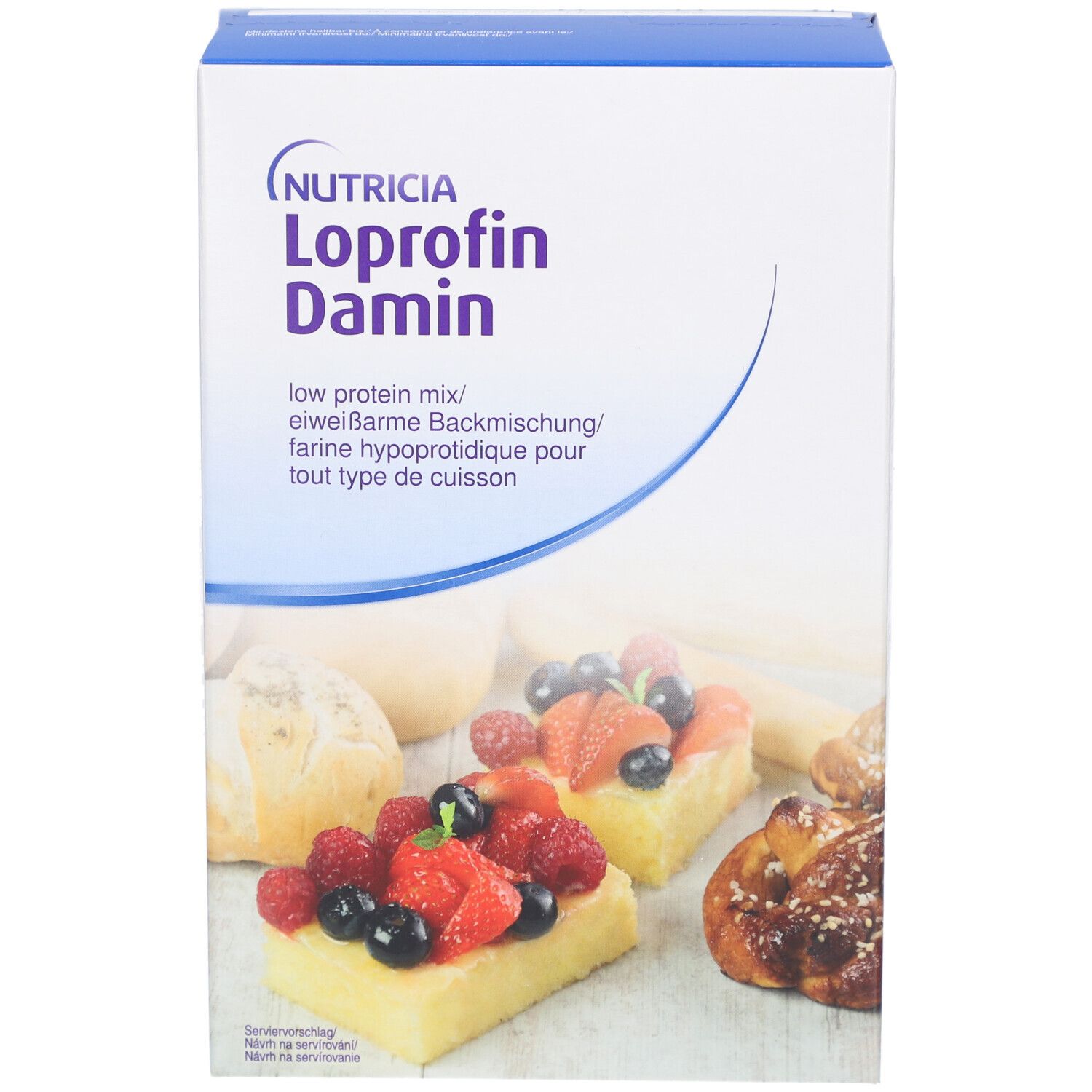 Weißer Karton mit NUTRICIA Loprofin Damin. Aufdruck: low protein mix/eiweißarme Backmischung. Abgebildet: Gebäck mit Früchten.
