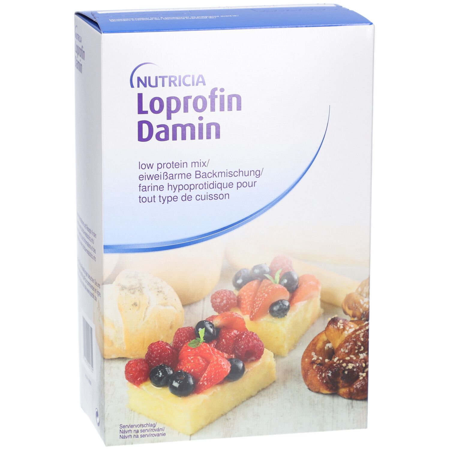 Weißer Karton mit NUTRICIA Loprofin Damin. Aufdruck: low protein mix/eiweißarme Backmischung. Abgebildet: Gebäck mit Früchten.