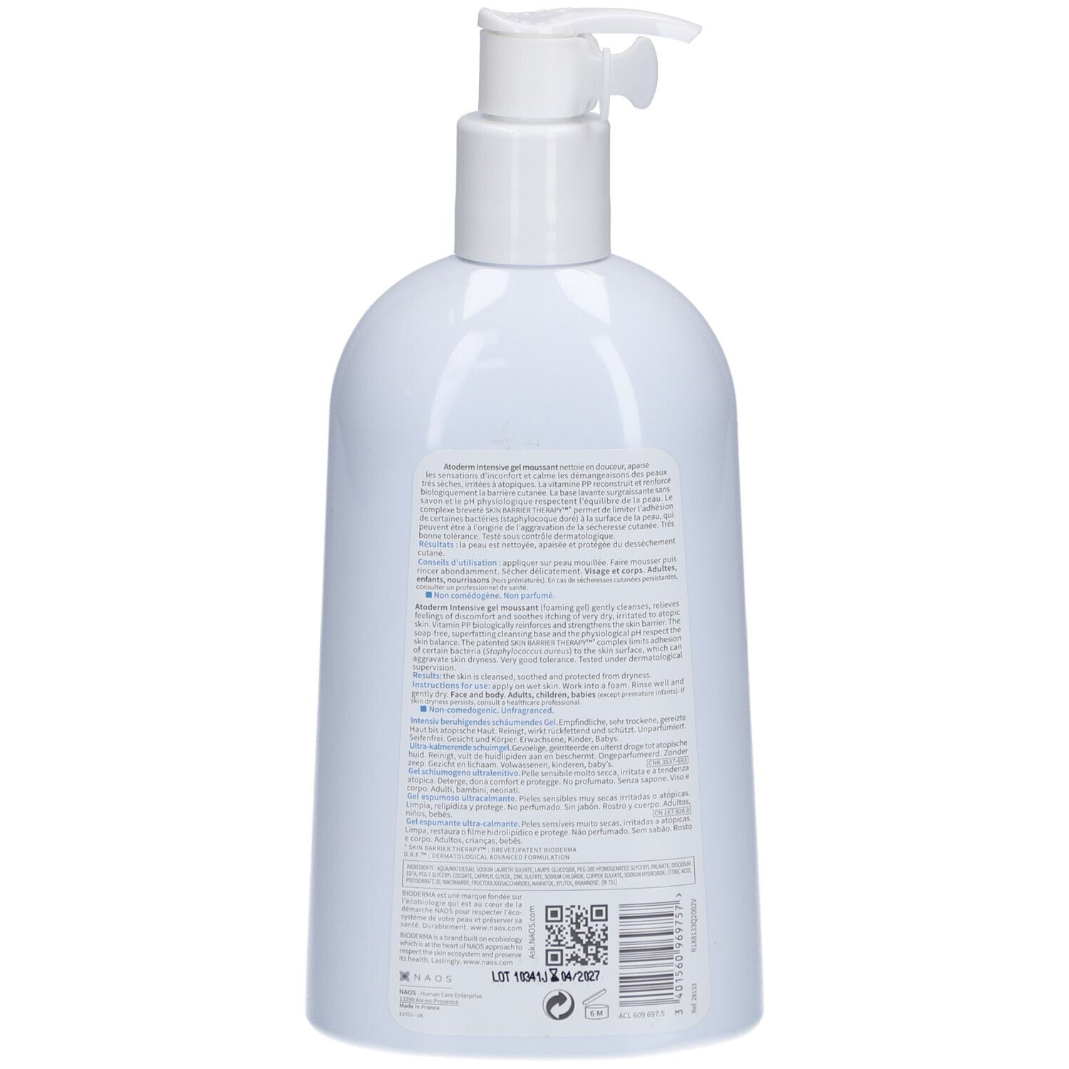 Rückseite der weißen Flasche. Text in mehreren Sprachen. Barcode und QR-Code unten.