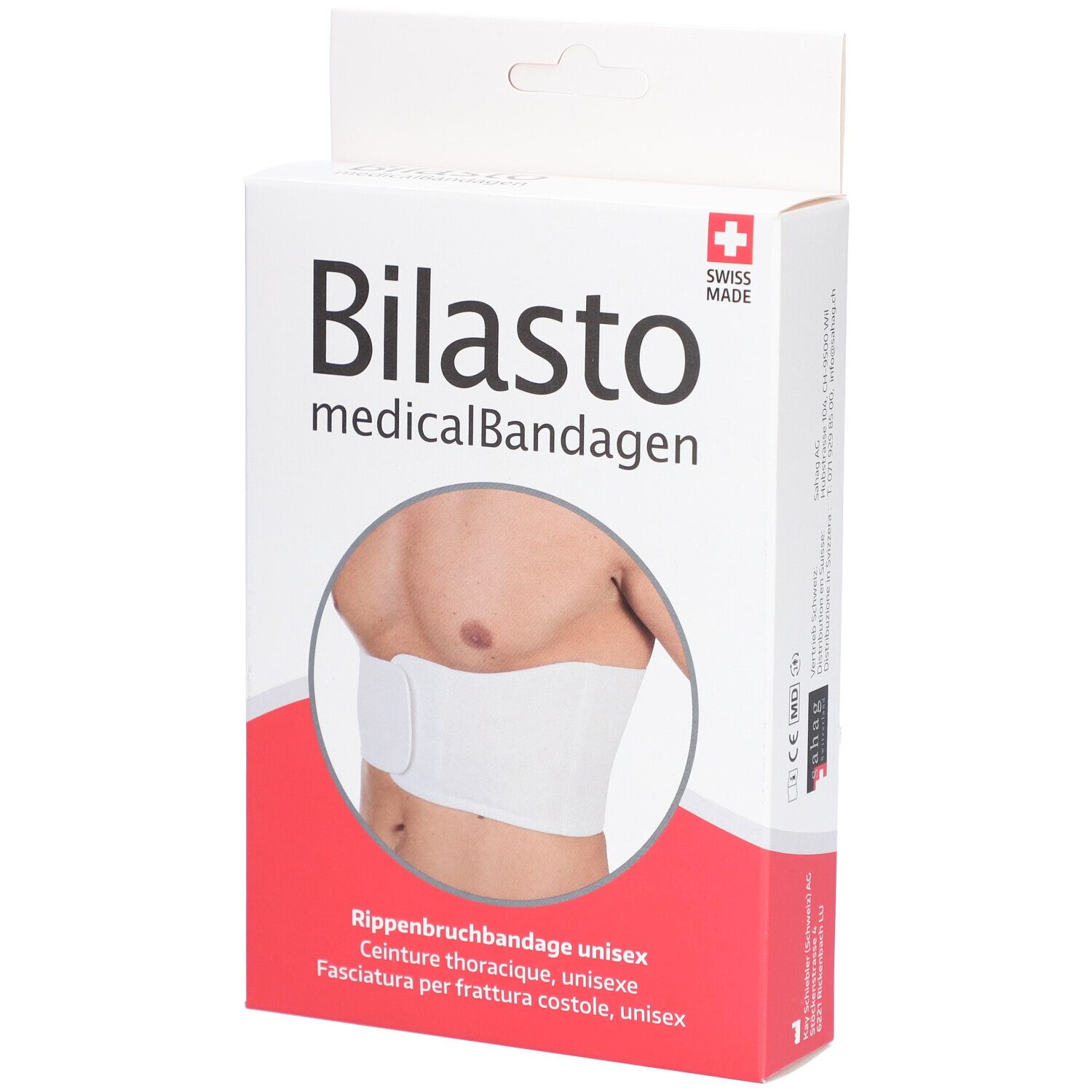 Verpackung von Bilasto Rippenbruchbandage. Weißes Bandage-Modell auf der Verpackung abgebildet. Swiss Made.