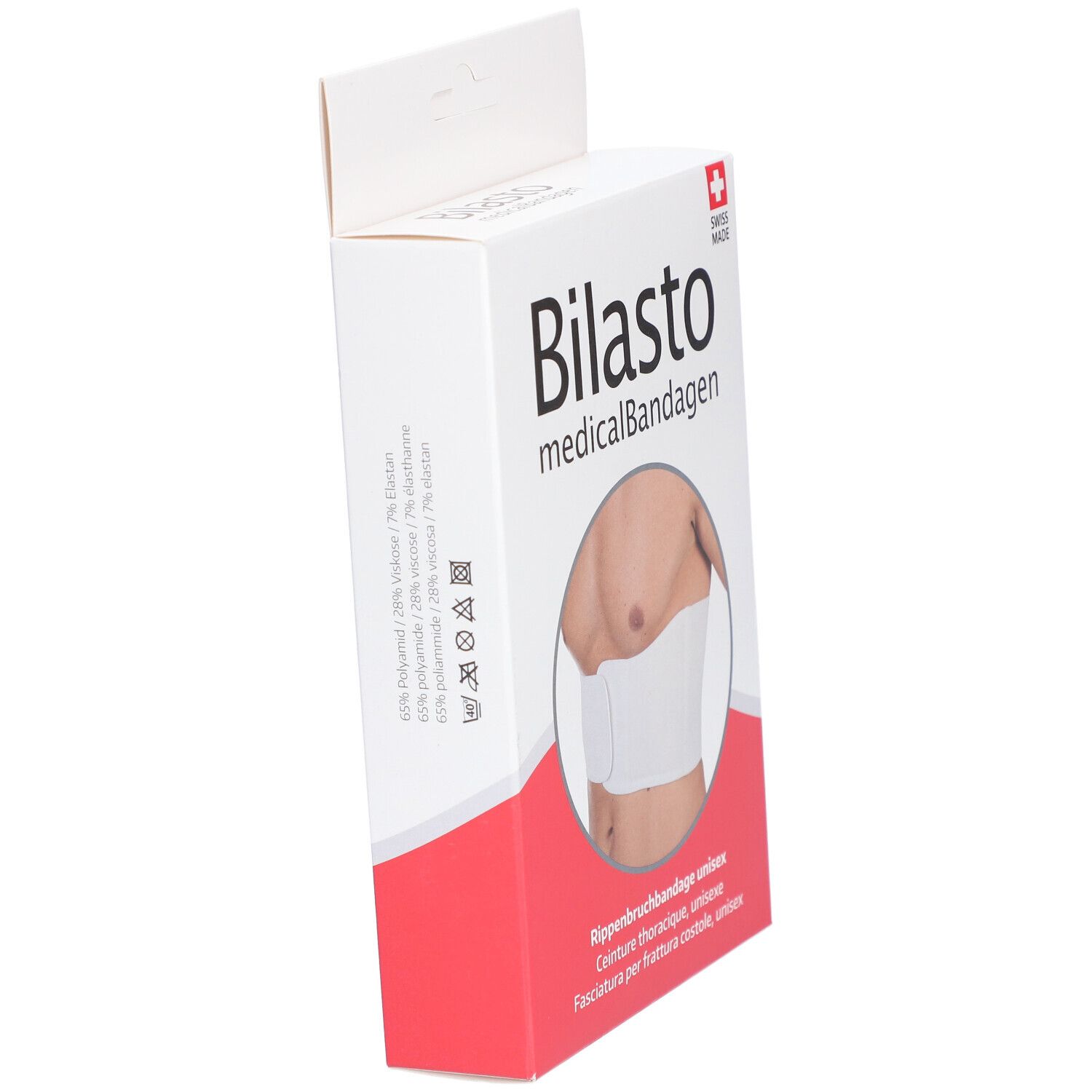 Geöffnete Verpackung von Bilasto Rippenbruchbandage. Bandage-Modell abgebildet. Swiss Made. Meertalige Texte.