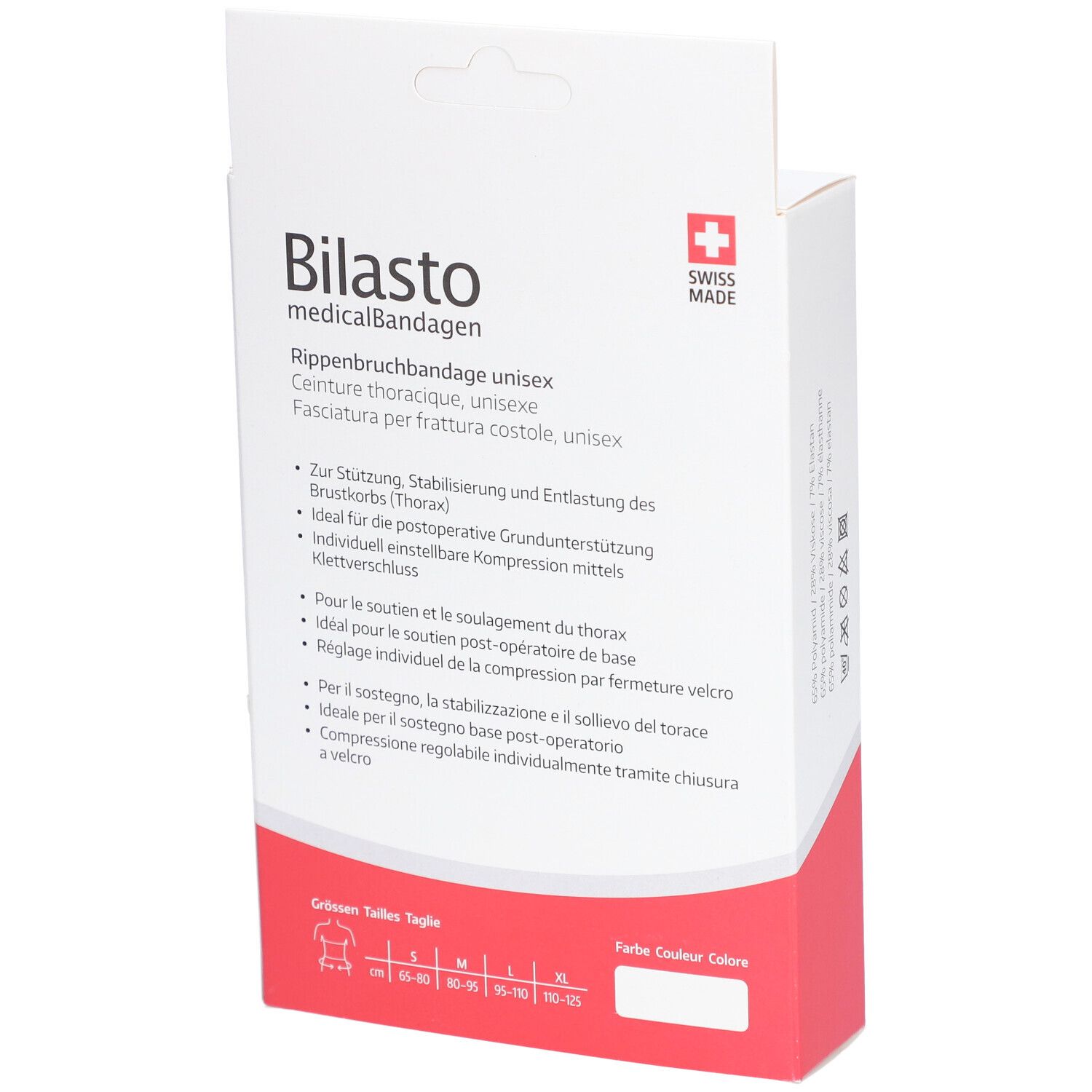 Rückseite der Verpackung von Bilasto Rippenbruchbandage. Produktinformationen und Größenangaben. Swiss Made.