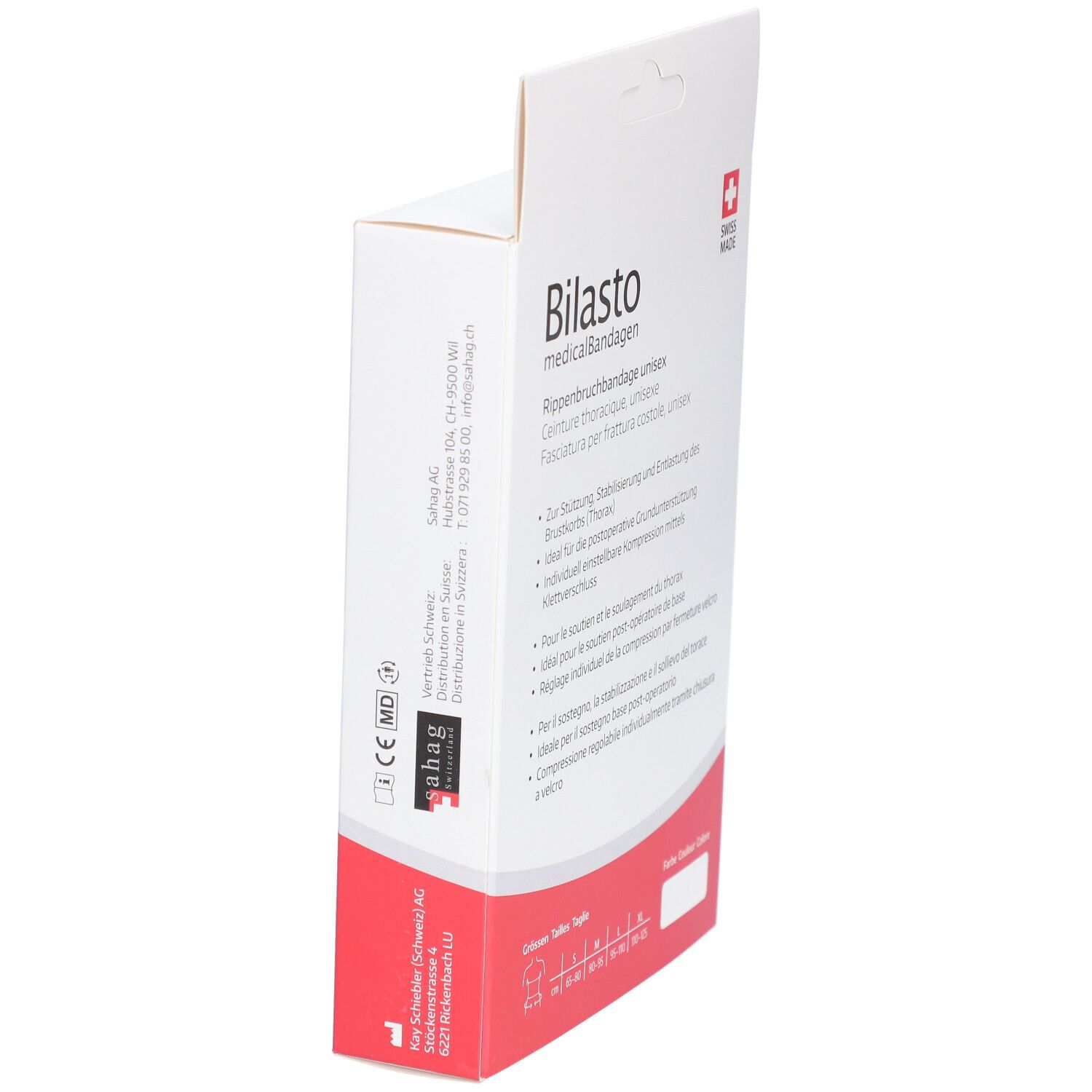 Seitenansicht der Verpackung von Bilasto Rippenbruchbandage. Produktinformationen. Swiss Made. CE-Kennzeichnung.