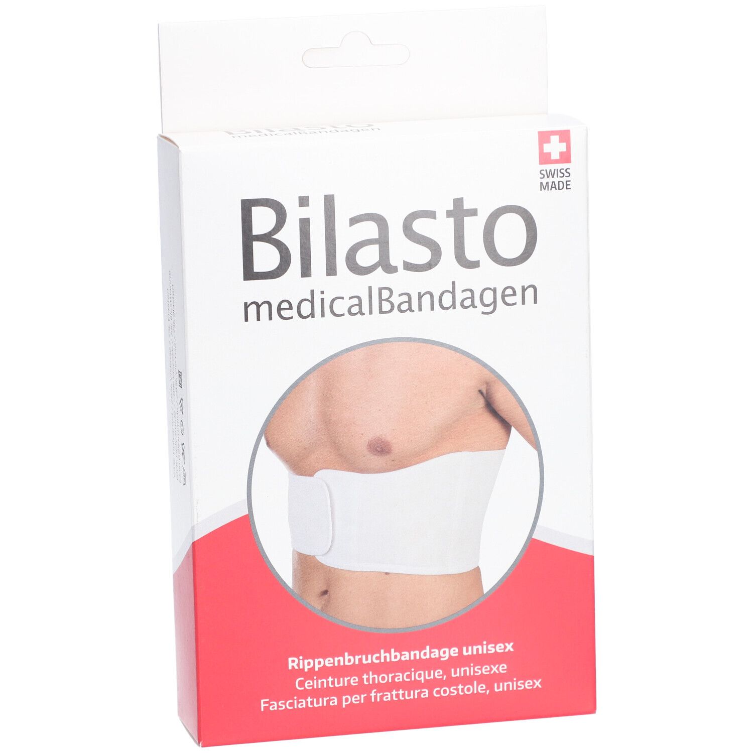Verpackung von Bilasto Rippenbruchbandage. Weißes Bandage-Modell abgebildet. Swiss Made. Meertalige Texte.