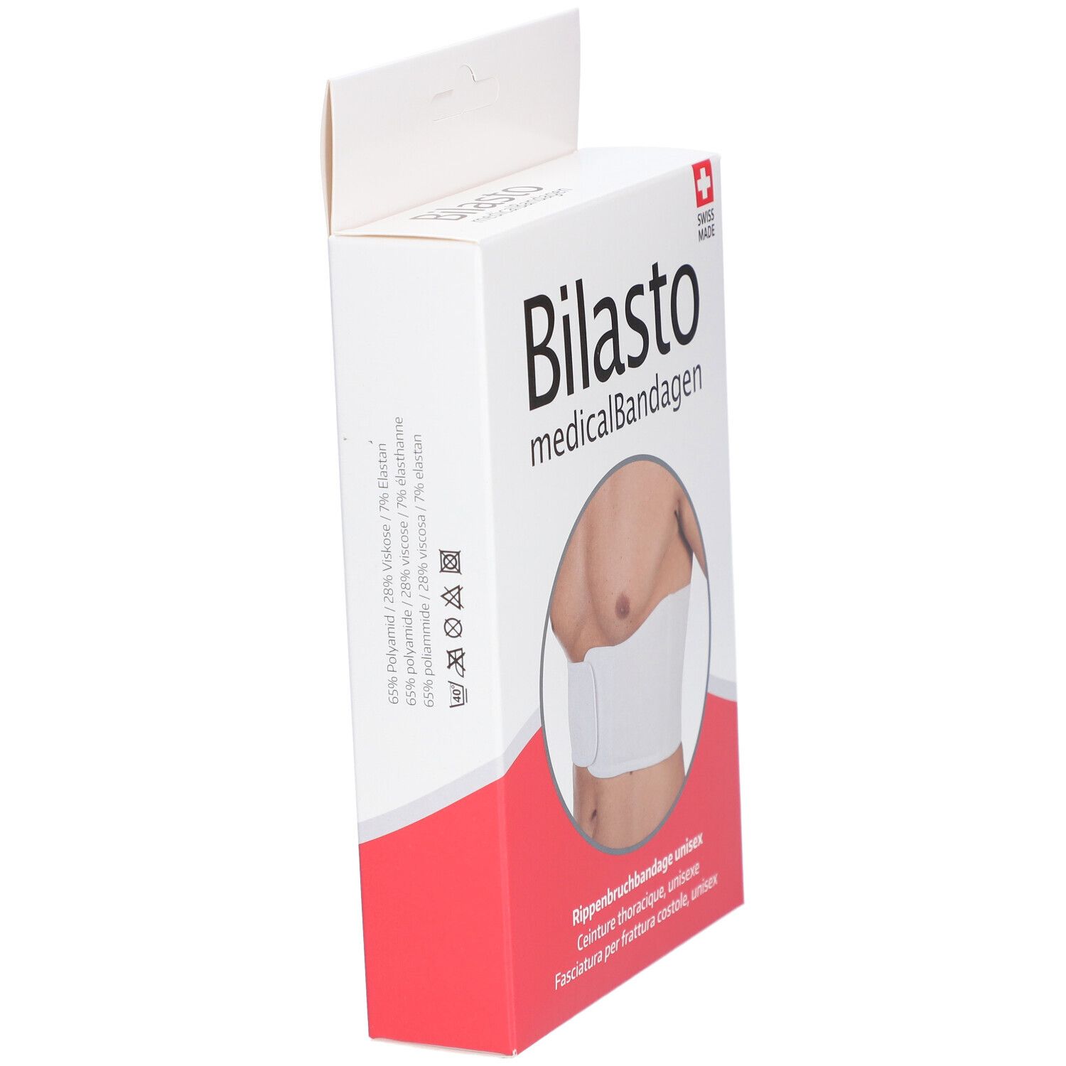 Geöffnete Verpackung der Rippenbruchbandage Bilasto. Produktabbildung und Text. Swiss Made.