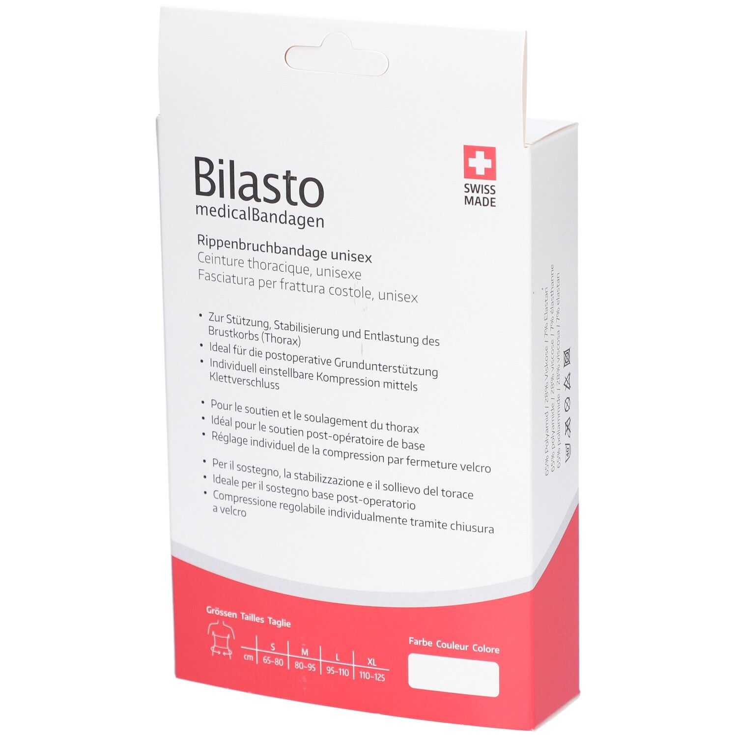 Rückseite der Verpackung der Rippenbruchbandage Bilasto. Text in Deutsch, Französisch und Italienisch. Swiss Made.