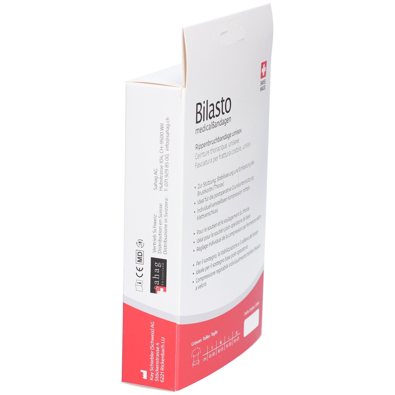 Seitenansicht der Verpackung der Rippenbruchbandage Bilasto. Text und Logos. Swiss Made.
