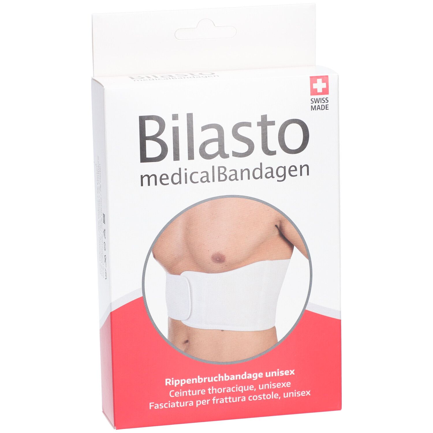 Verpackung der Rippenbruchbandage Bilasto. Weißes Produkt auf Abbildung. Swiss Made.