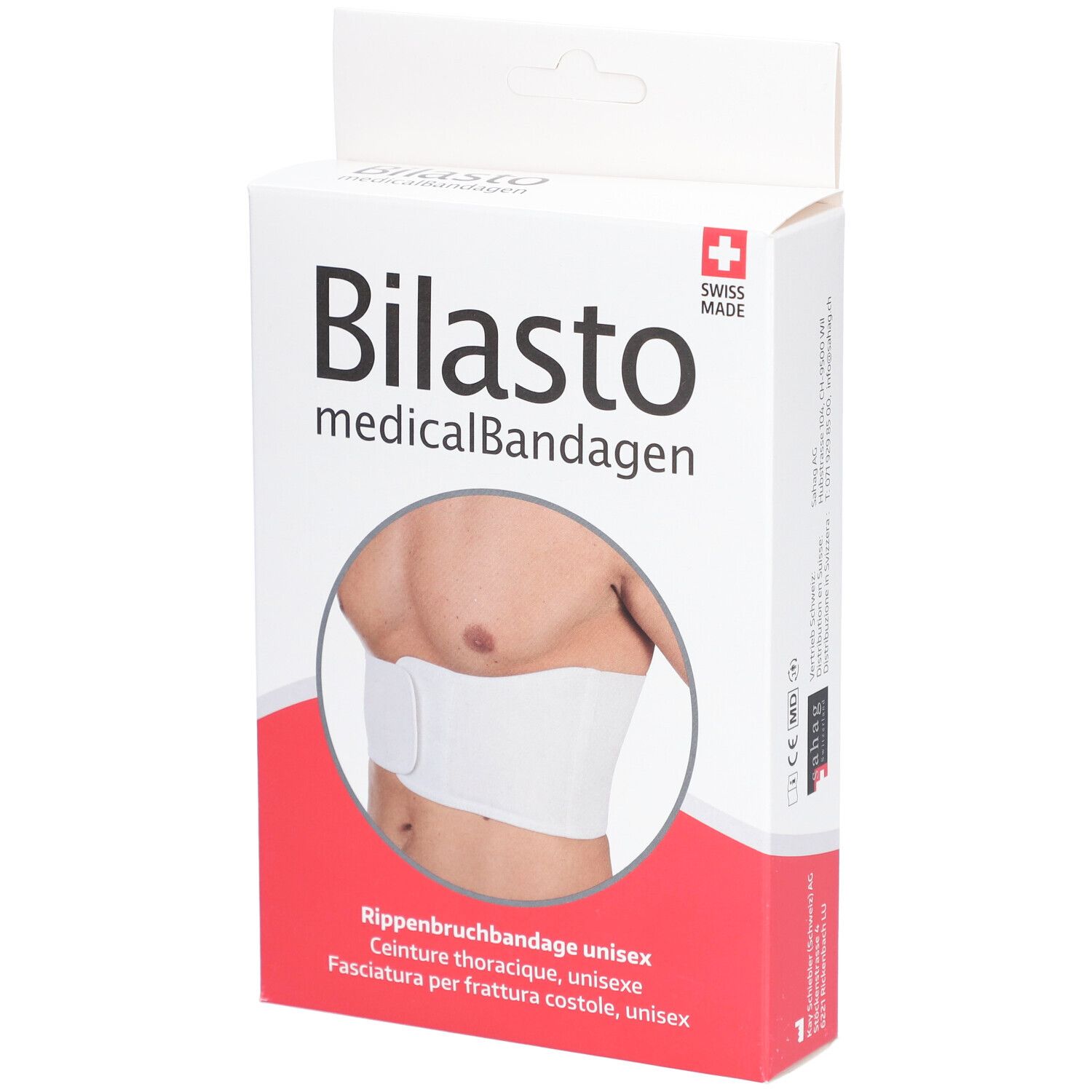 Verpackung der Rippenbruchbandage. Marke Bilasto, medizinische Bandagen. Unisex-Bandage, weiß. Schweizer Kreuz.