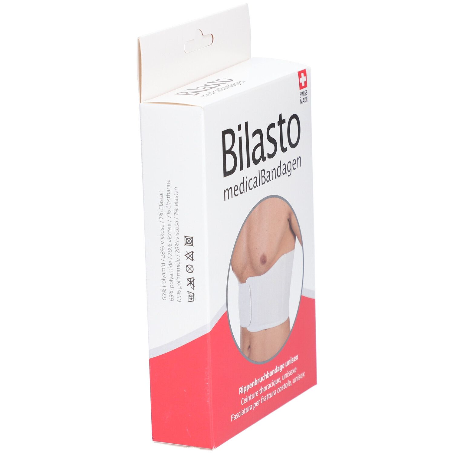 Verpackung der Rippenbruchbandage. Marke Bilasto, medizinische Bandagen. Unisex-Bandage, weiß. Schweizer Kreuz.