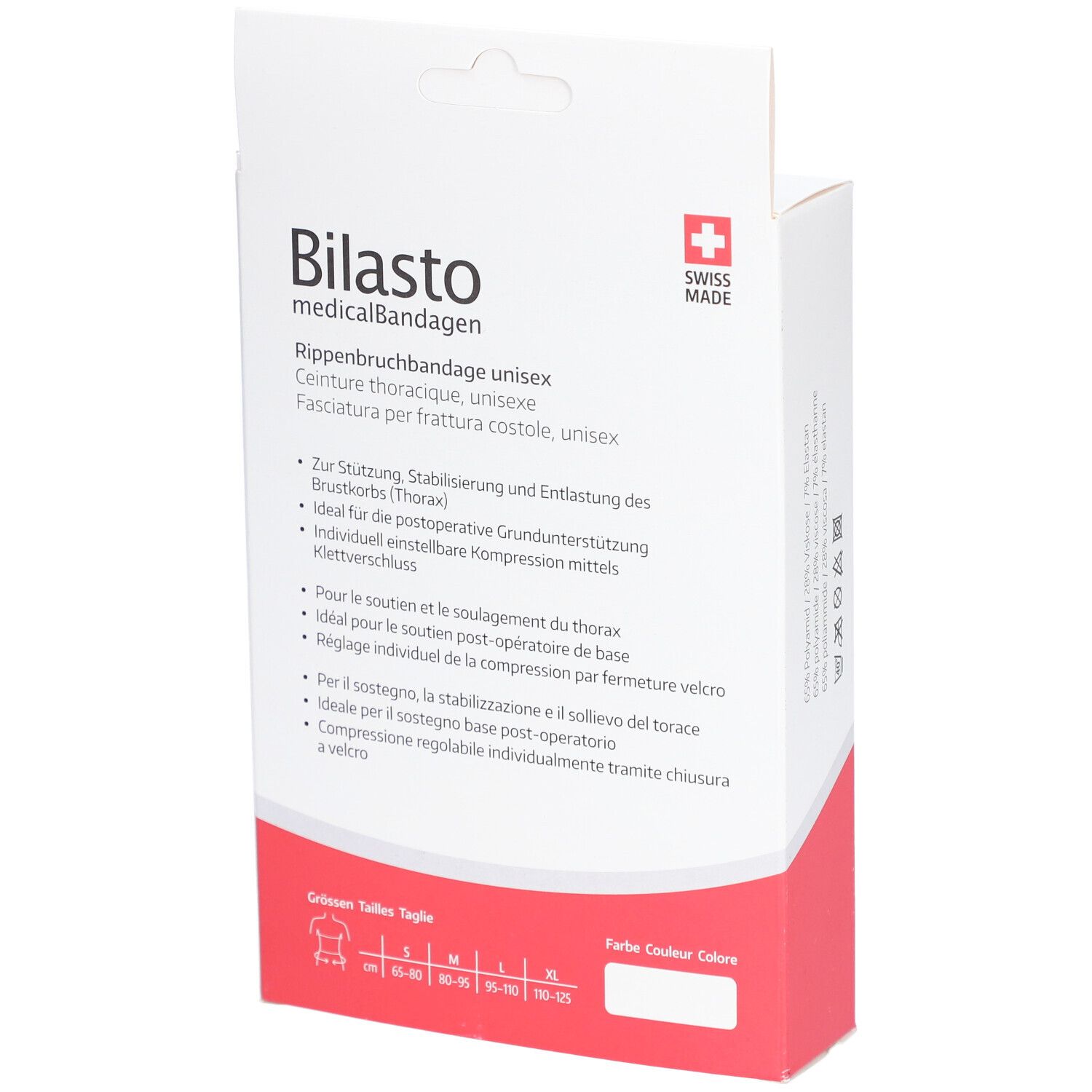 Rückseite der Verpackung. Text: Rippenbruchbandage unisex. Größenangaben. Schweizer Kreuz. Produktinformationen.
