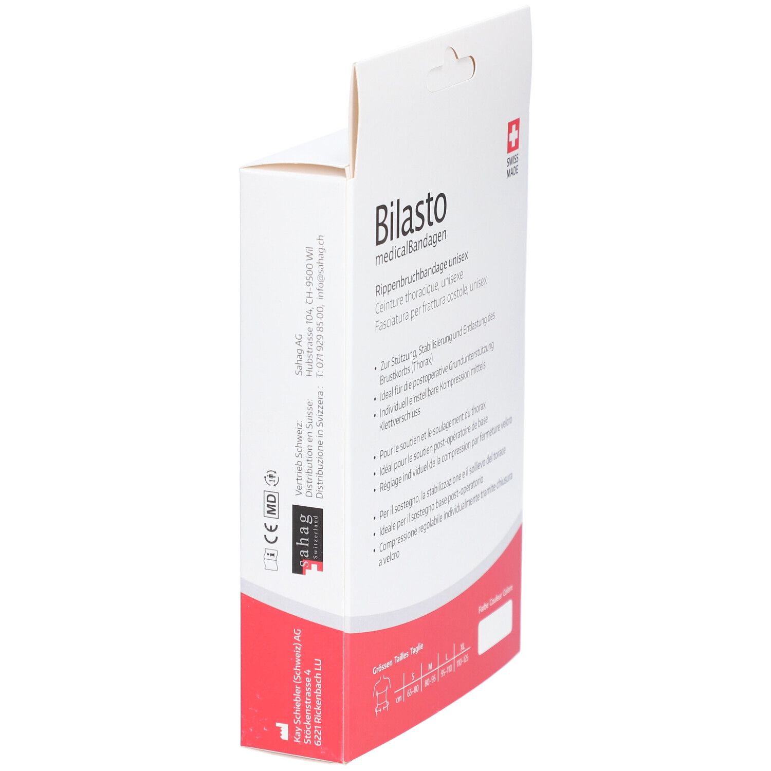 Verpackung der Rippenbruchbandage. Marke Bilasto, medizinische Bandagen. Schweizer Kreuz. CE-Kennzeichnung.
