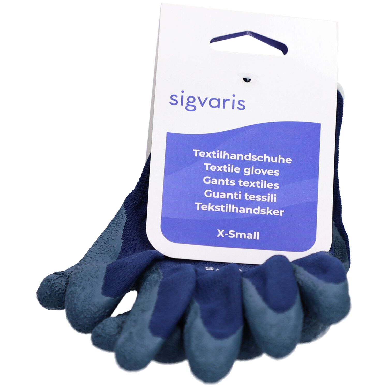 Blaue SIGVARIS Textilhandschuhe, Größe XS. Produktverpackung mit Produktnamen und Größenangabe.