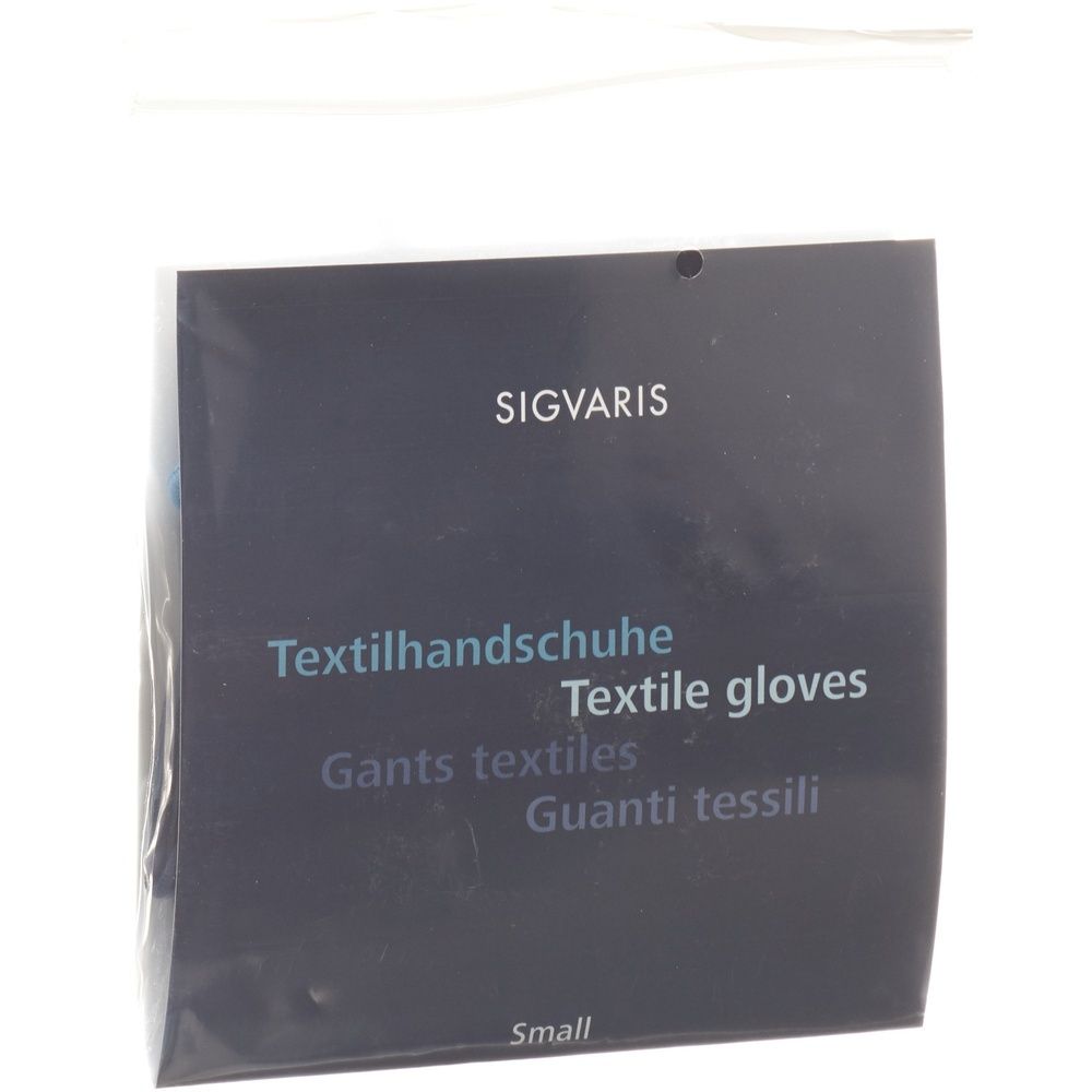Verpackung mit Produktbezeichnung "Textilhandschuhe" und Marke "Sigvaris". Größe "Small".
