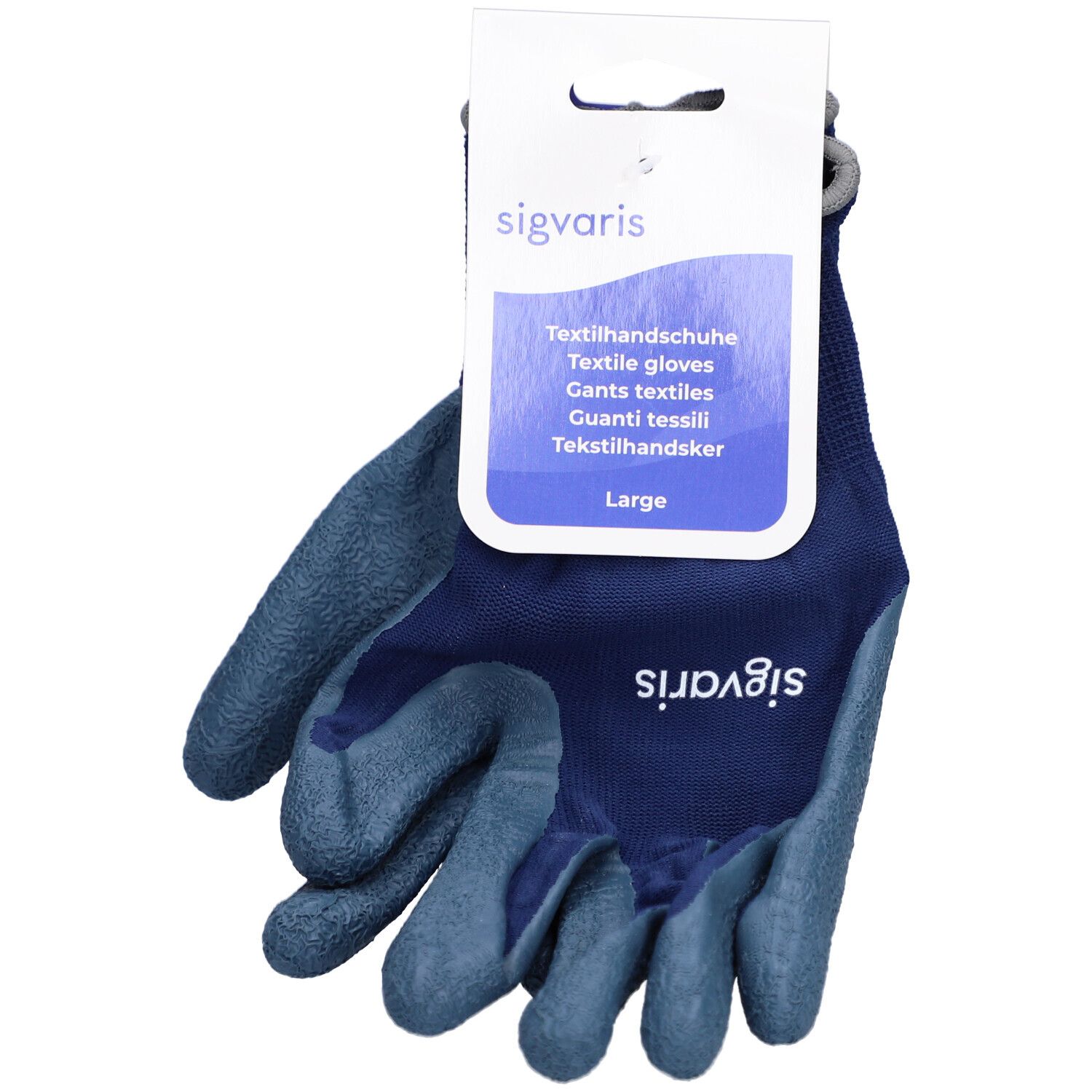 Gants textiles bleus Sigvaris, étiquette attachée. Taille L. Inscription : Textilhandschuhe, Textile gloves, Gants textiles, Guanti tessili, Tekstilhandsker.