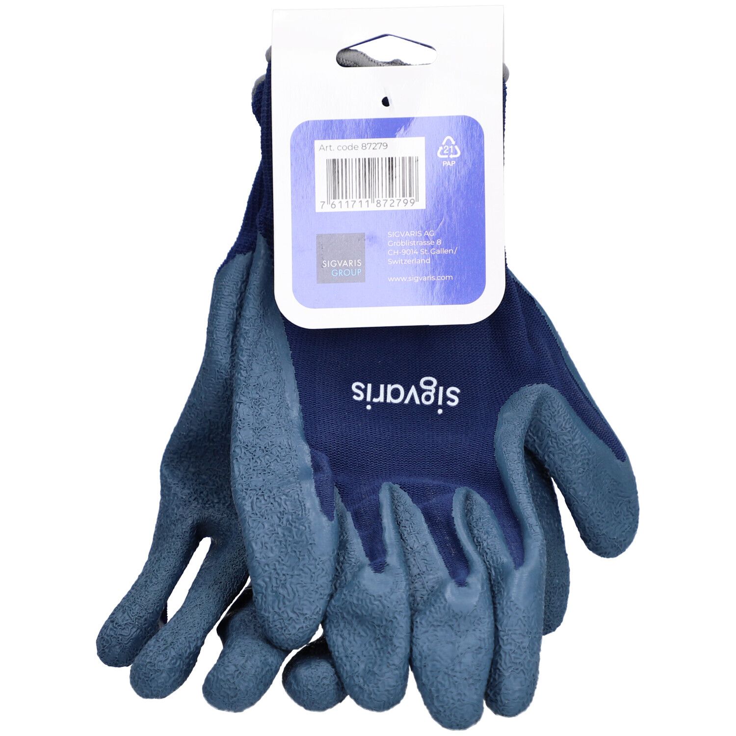 Gants textiles bleus Sigvaris, étiquette attachée. Réf. 87279. Inscription : Textilhandschuhe, Textile gloves, Gants textiles, Guanti tessili, Tekstilhandsker.