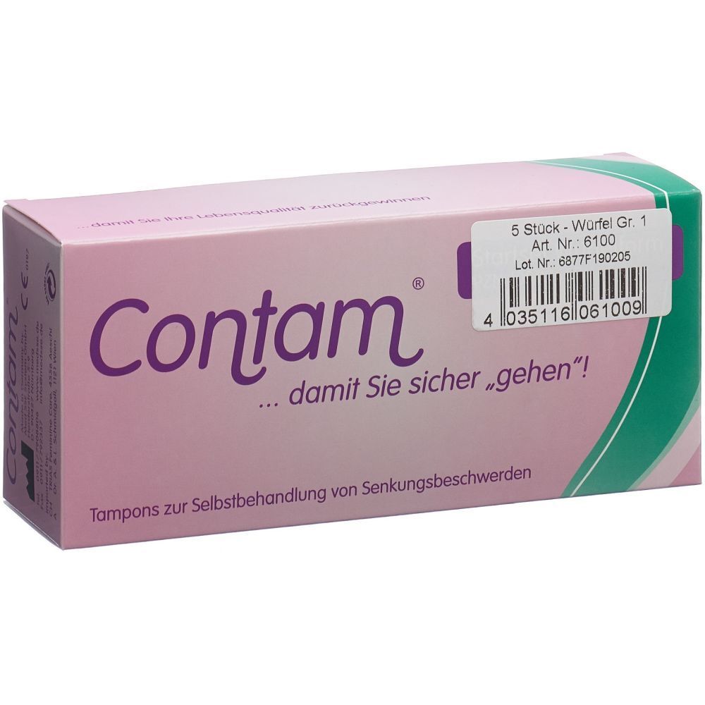 Rosa Verpackung mit "Contam"-Logo. Text: "...damit Sie sicher gehen!" und "Tampons zur Selbstbehandlung".