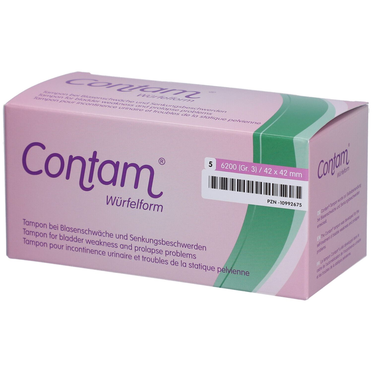 Rosa Verpackung mit "Contam" und "Würfelform" Schriftzug. Größe 3, 42 x 42 mm. Tampon für Harninkontinenz.