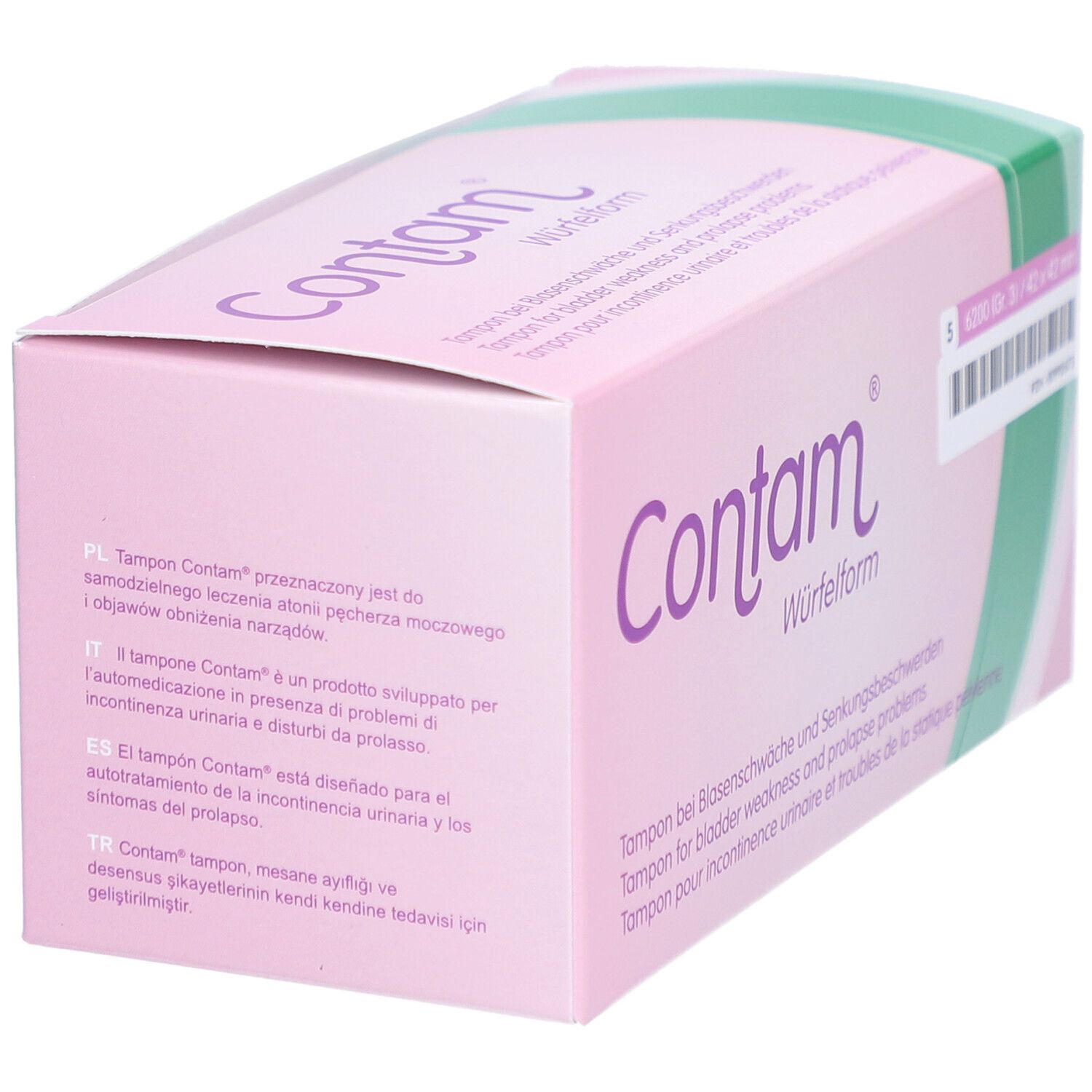 Rosa Verpackung mit "Contam" und "Würfelform". Texte in verschiedenen Sprachen. Tampon für Harninkontinenz.