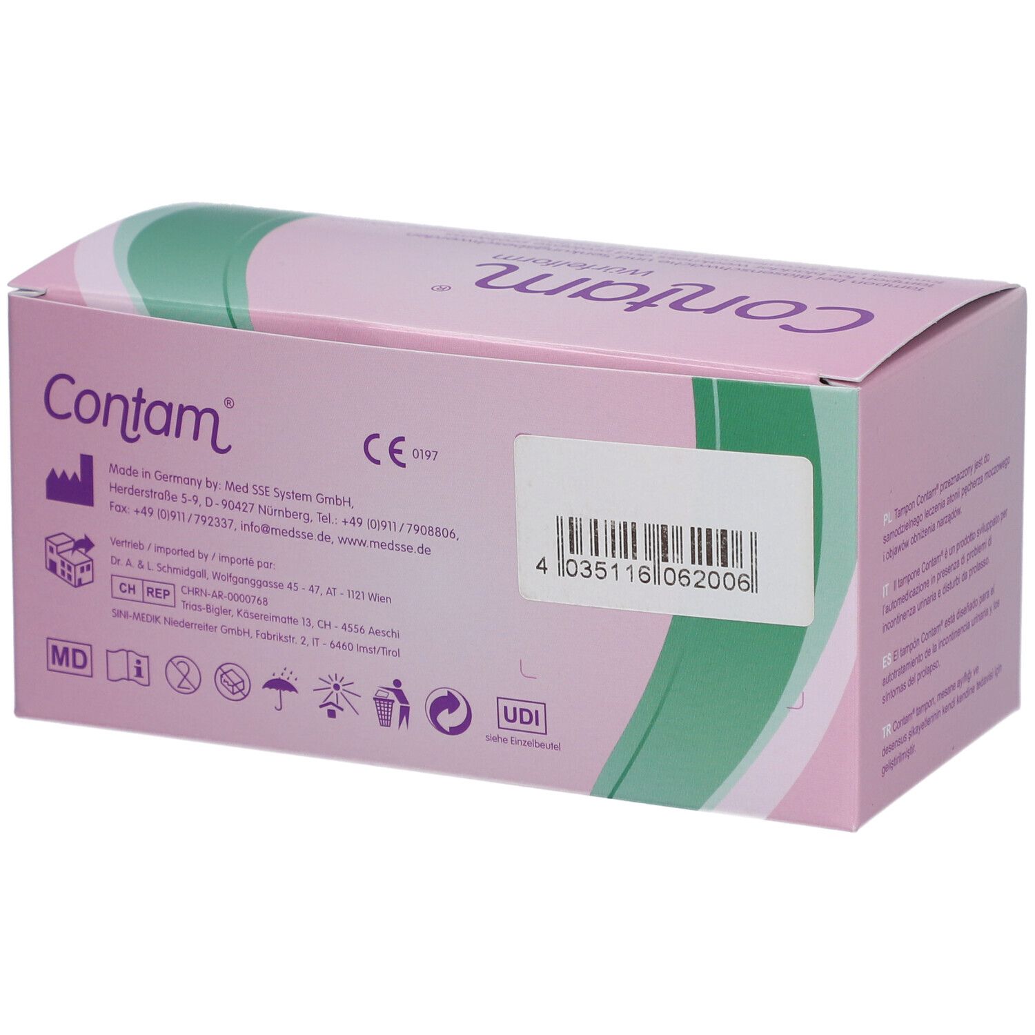 Rückseite der rosa Verpackung mit "Contam" und "Würfelform". Herstellerinformationen und CE-Kennzeichnung.