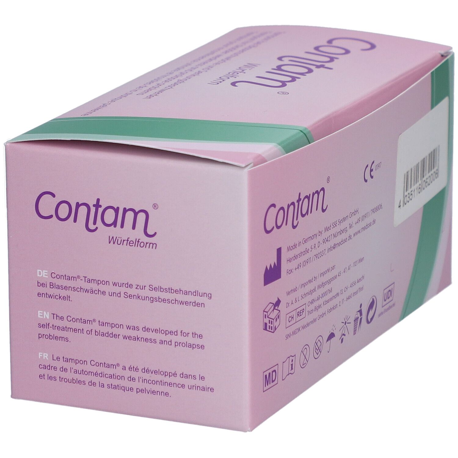 Rosa Verpackung mit "Contam" und "Würfelform". Texte in Deutsch, Englisch und Französisch. Tampon.