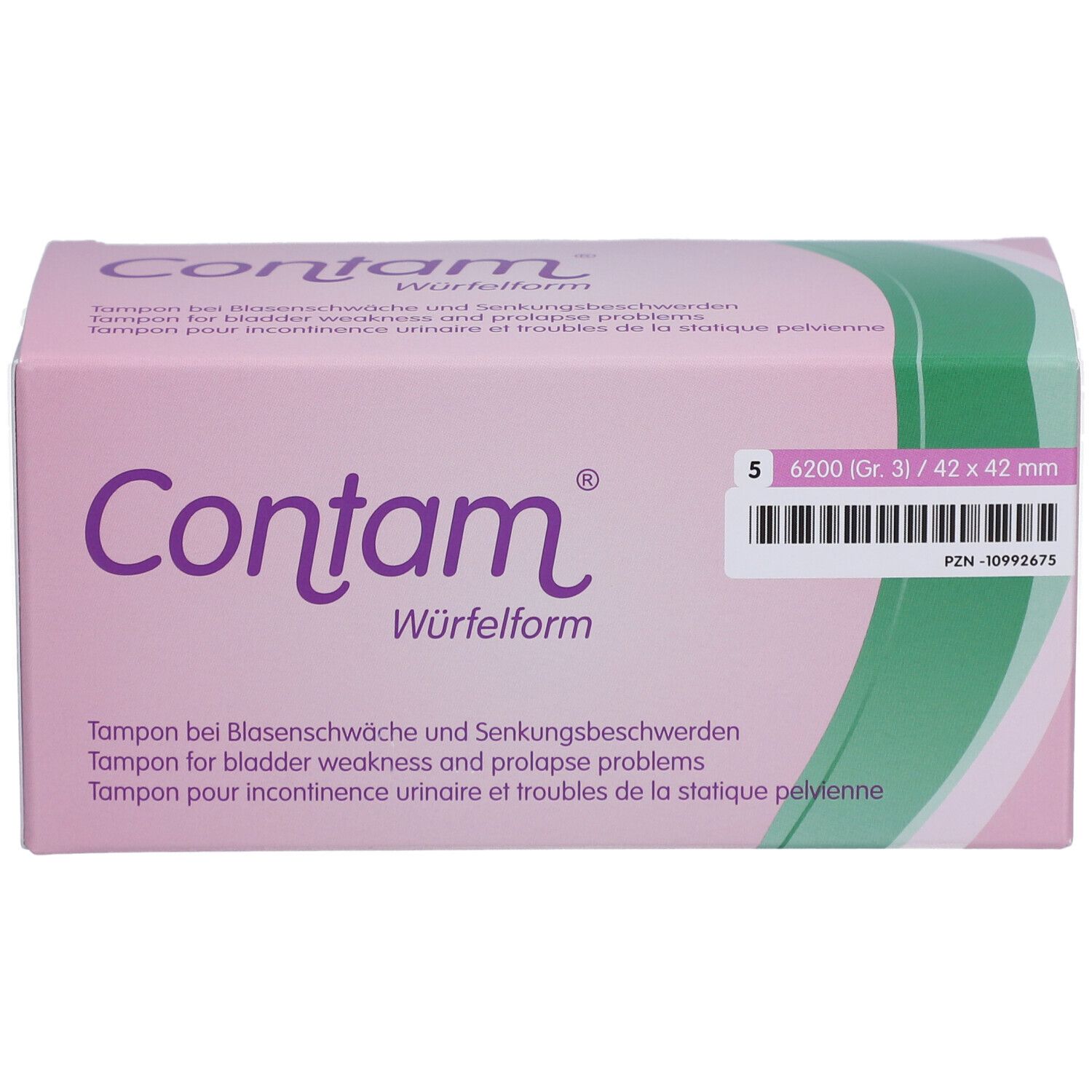 Rosa Verpackung mit "Contam" und "Würfelform". Größe 3, 42 x 42 mm. Tampon für Harninkontinenz.