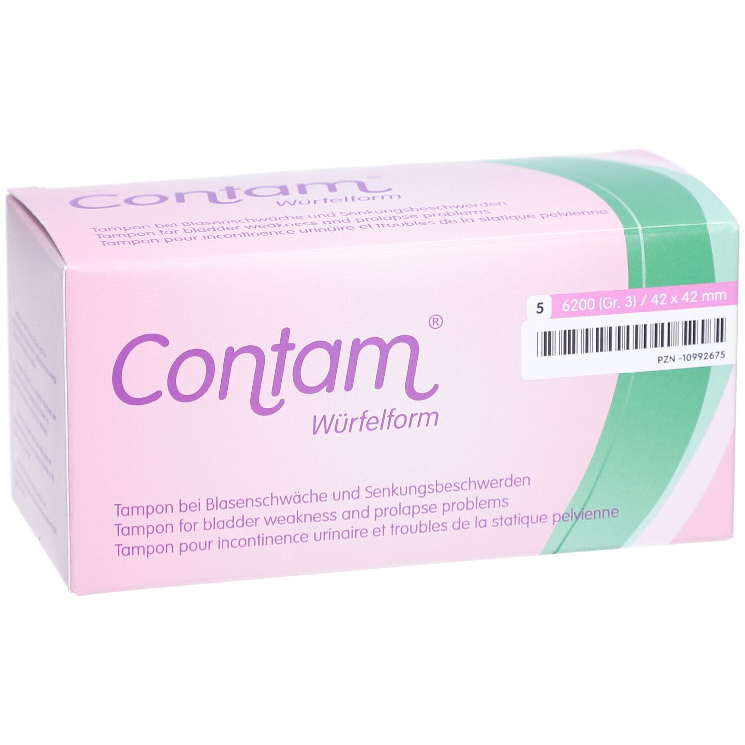 Rosa Verpackung mit "Contam" und "Würfelform". Größe 3, 42 x 42 mm. Tampon für Harninkontinenz.