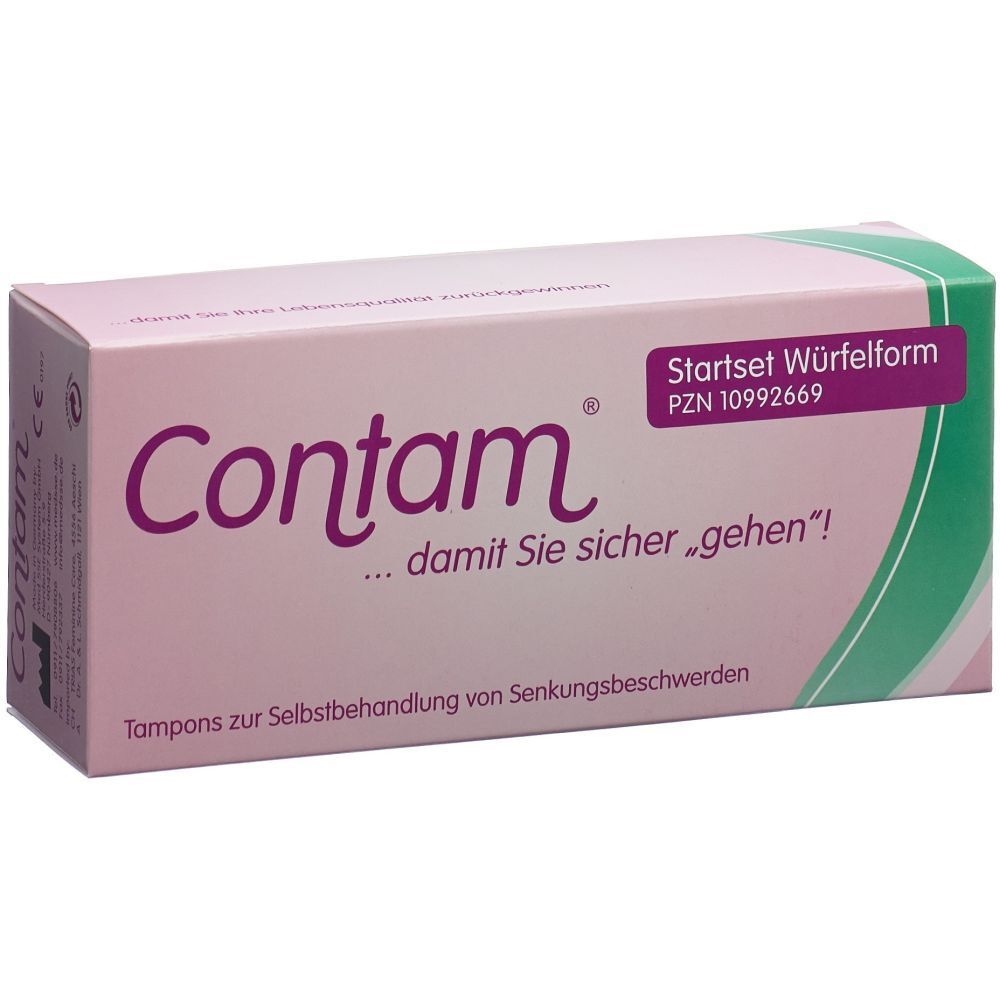Rosa Verpackung mit "Contam"-Schriftzug. Text: "...damit Sie sicher gehen!" und "Startset Würfelform".