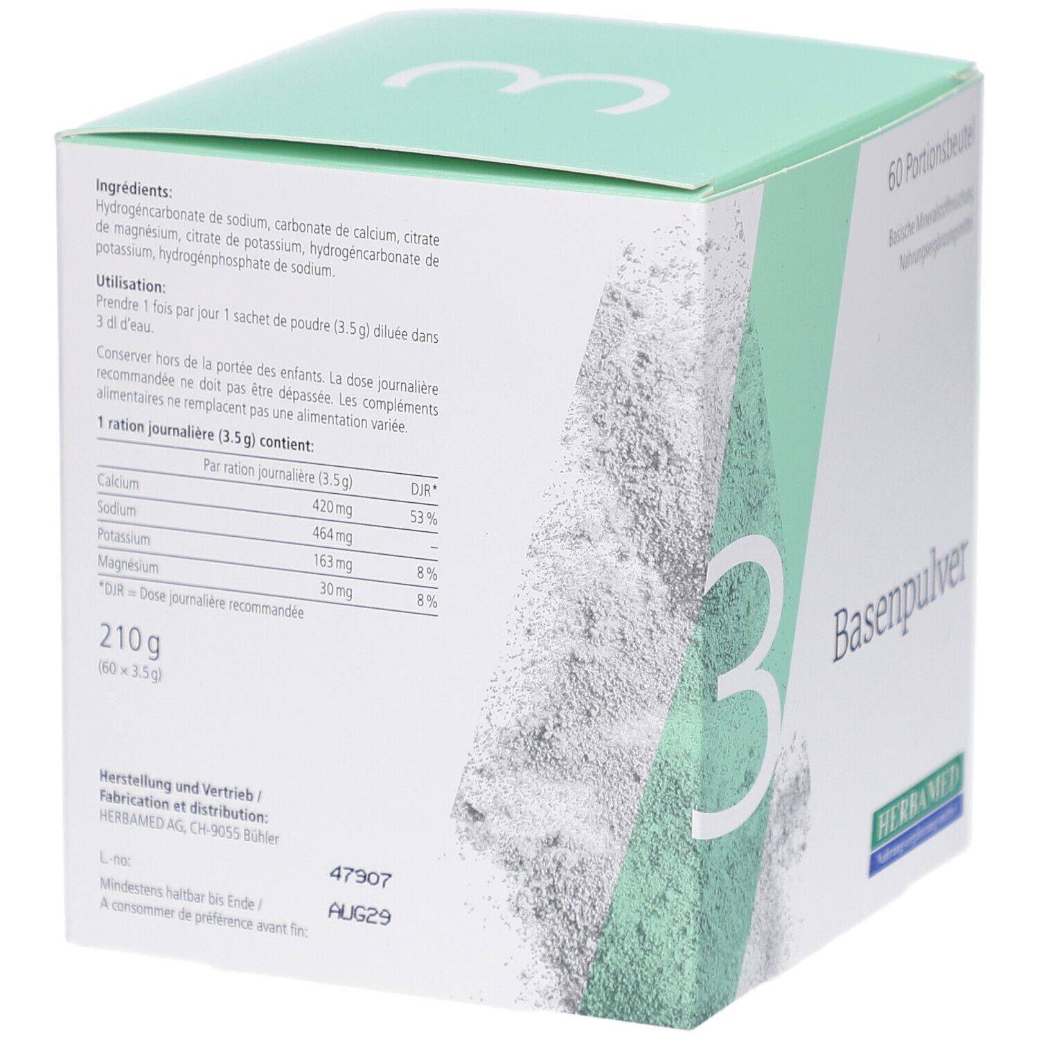 Dos de la boîte HERBAMED Basenpulver III. Contient ingrédients, instructions d'utilisation et informations nutritionnelles.