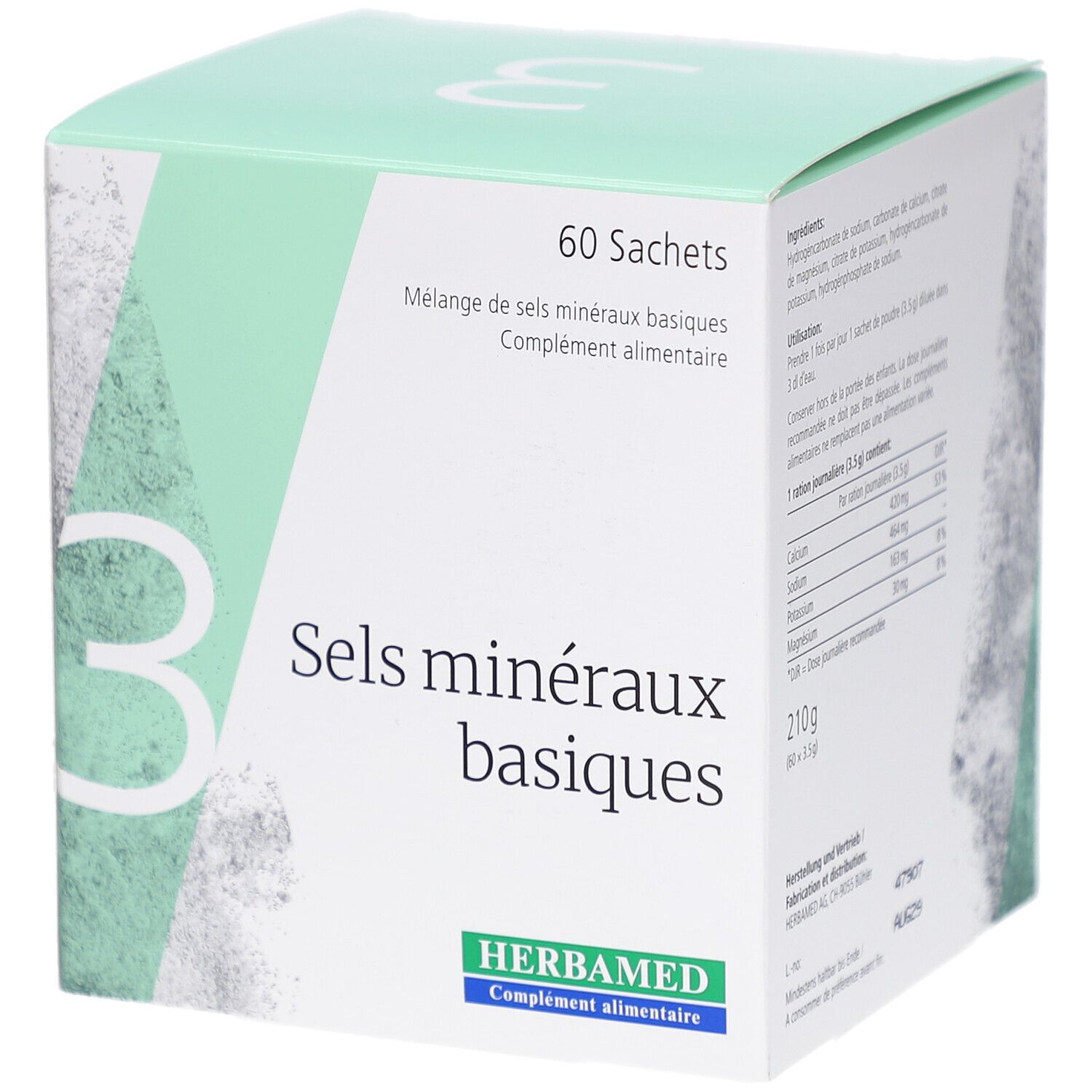 Boîte HERBAMED Basenpulver III. 60 sachets. Nom du produit: Sels minéraux basiques. Emballage vert et blanc.