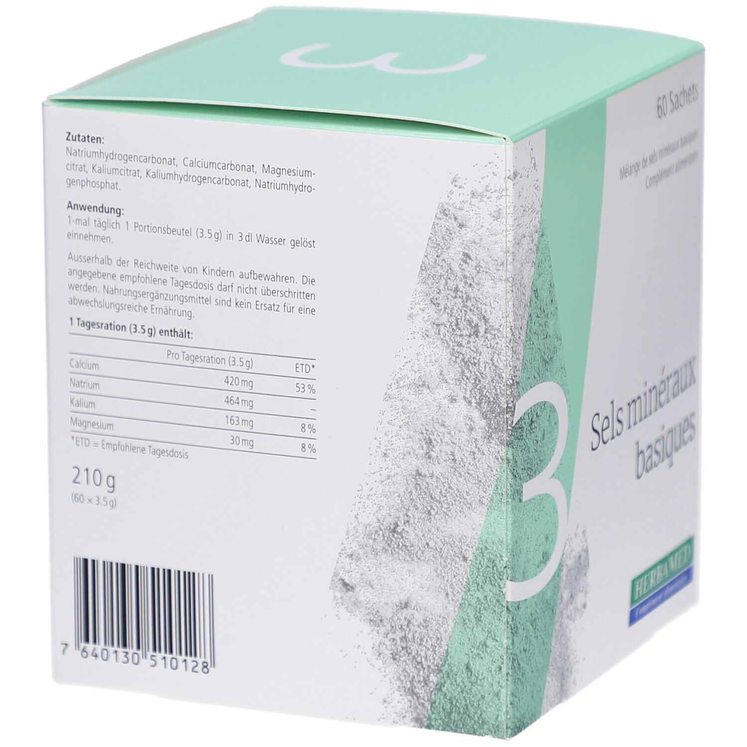 Dos de la boîte HERBAMED Basenpulver III. Contient ingrédients, utilisation et informations nutritionnelles. 210g.