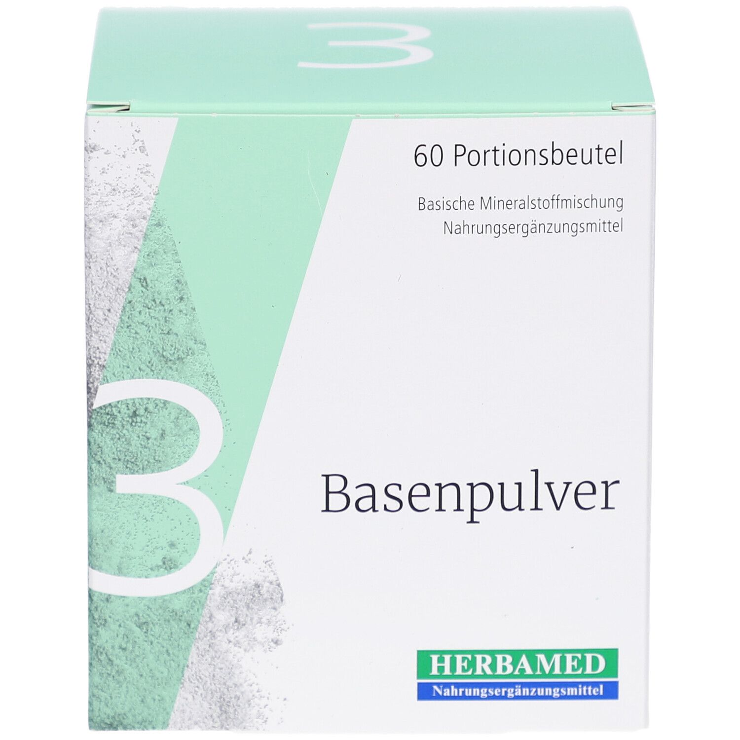 Boîte HERBAMED Basenpulver III. 60 sachets. Boîte blanche avec accents verts et informations sur le produit.